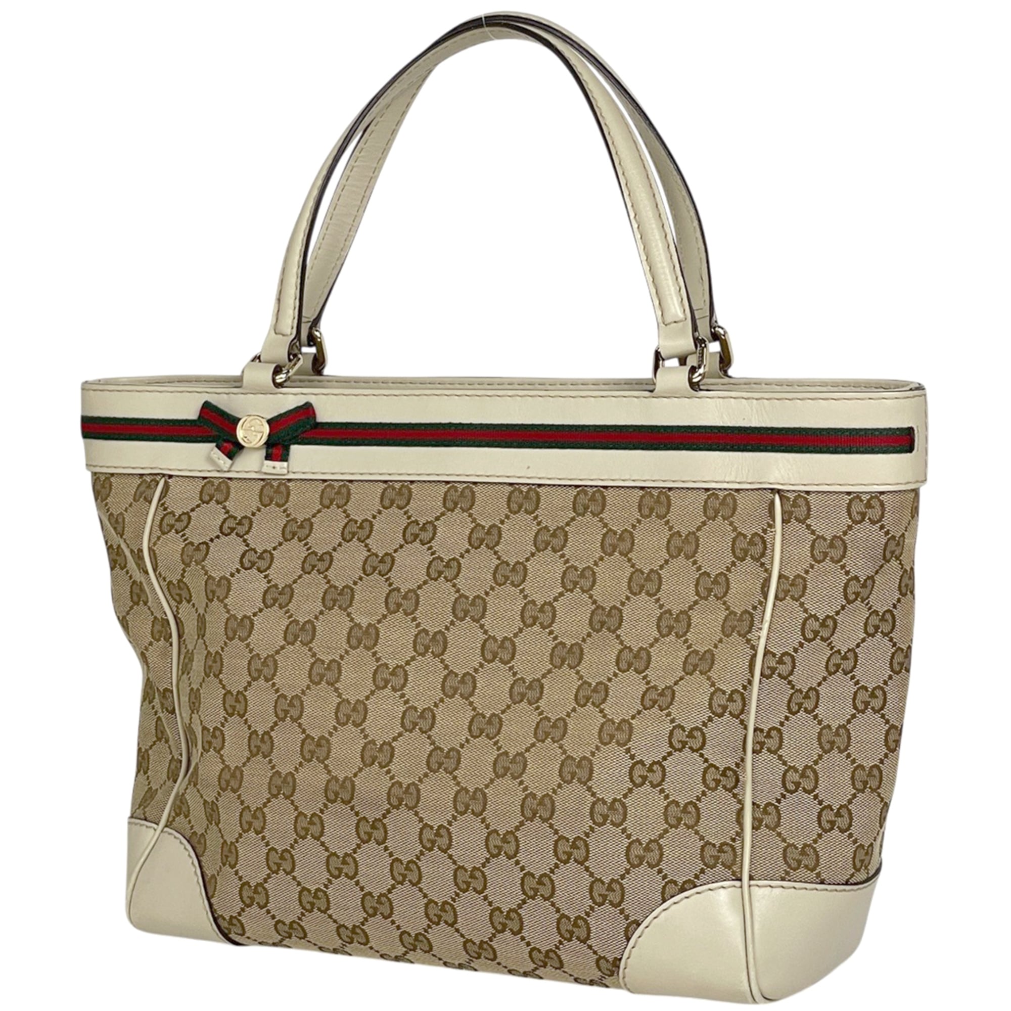 Gucci Sherry Line Beige Ivory Gg Canvas Leather Tote Bag (Pre-Owned)