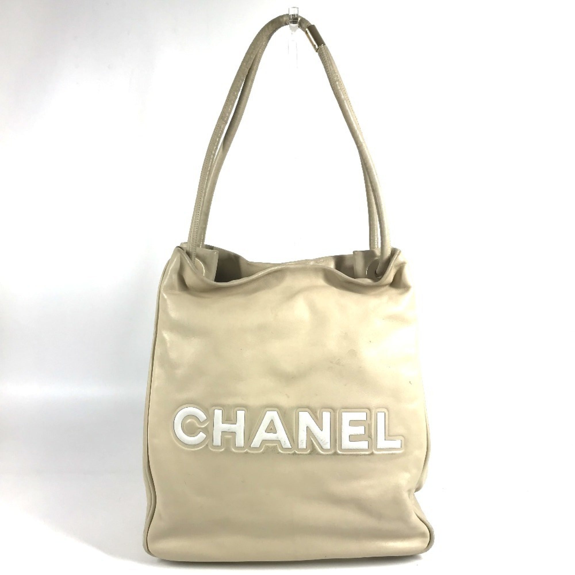 Chanel Beige White Leather Shoulder Bag Tote Bag (Pre-Owned)