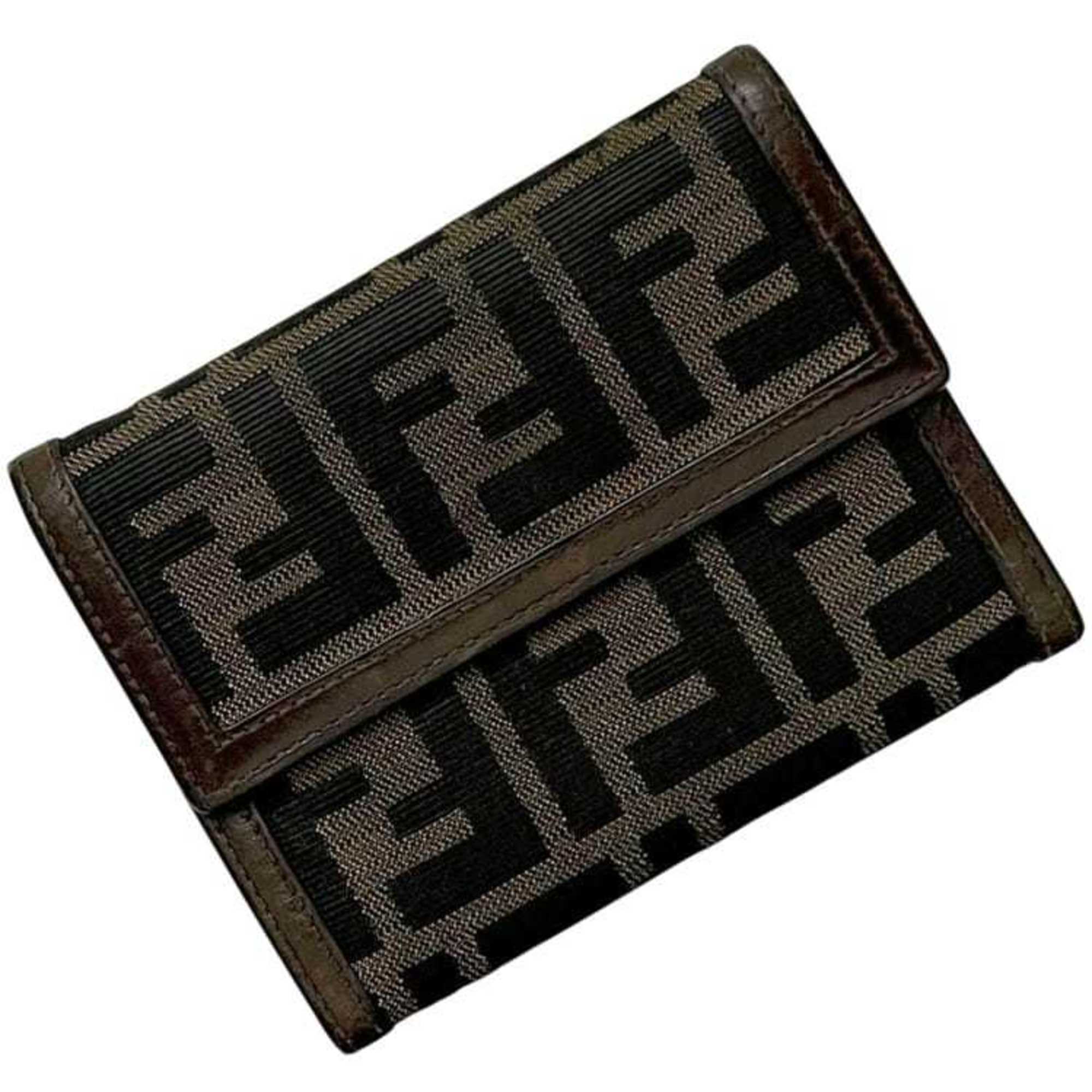 Fendi Brown Khaki Canvas Leather Wallet (Tri-Fold) (Pre-Owned)