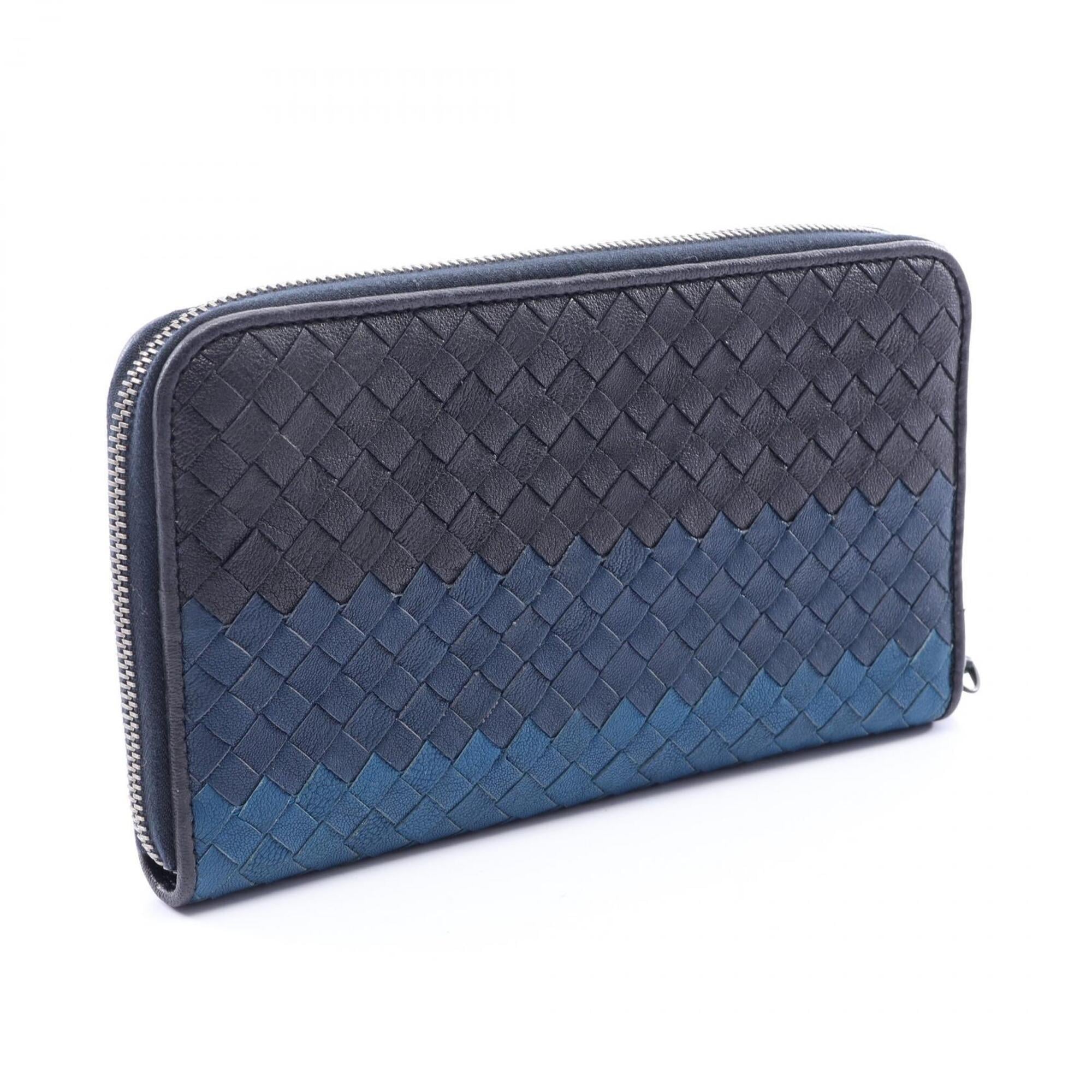 Bottega Veneta Black Blue Navy Intrecciato Long Wallet (Bi-Fold) (Pre-Owned)