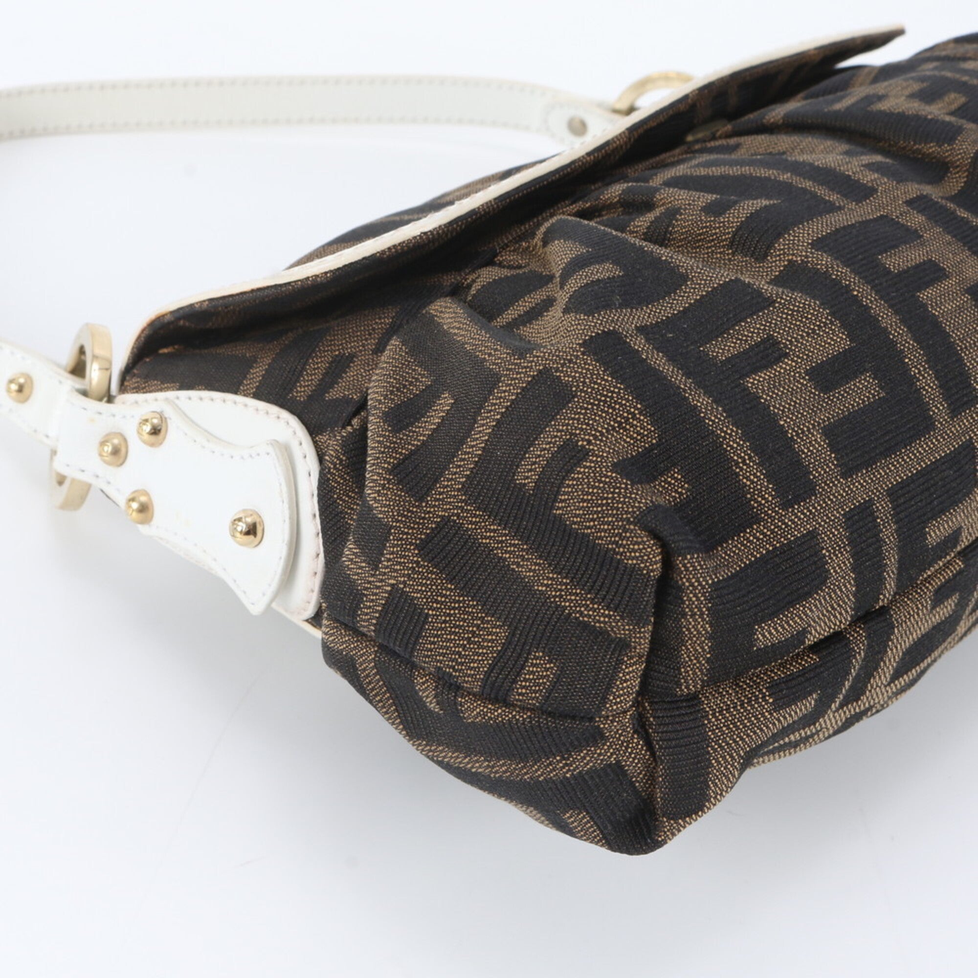 Fendi Brown White Leather Canvas Handbag Shoulder Bag Tote Bag (Pre-Owned)