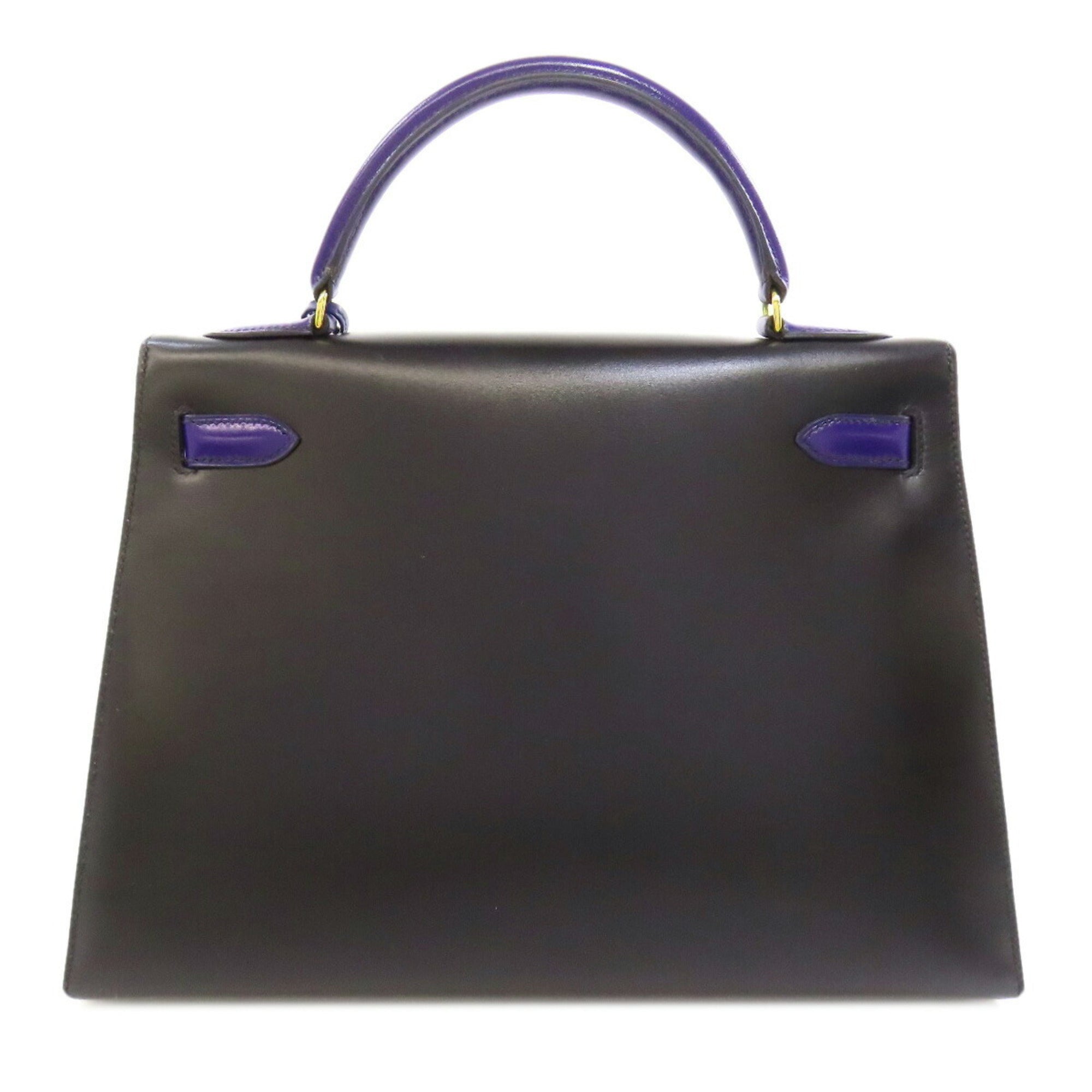 Hermes Kelly Black Bleu Saphir Box Calf Leather Handbag (Pre-Owned)