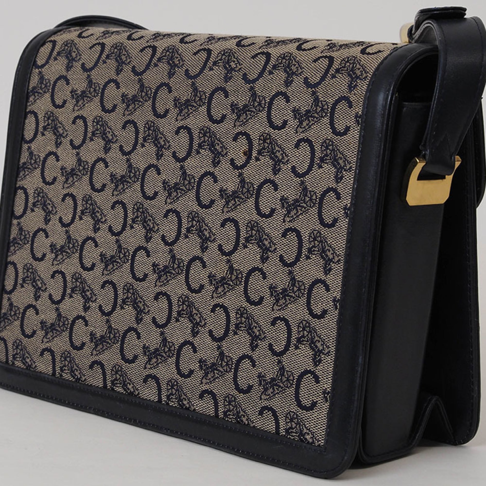 Celine Beige Navy Canvas Leather Shoulder Bag (Pre-Owned)