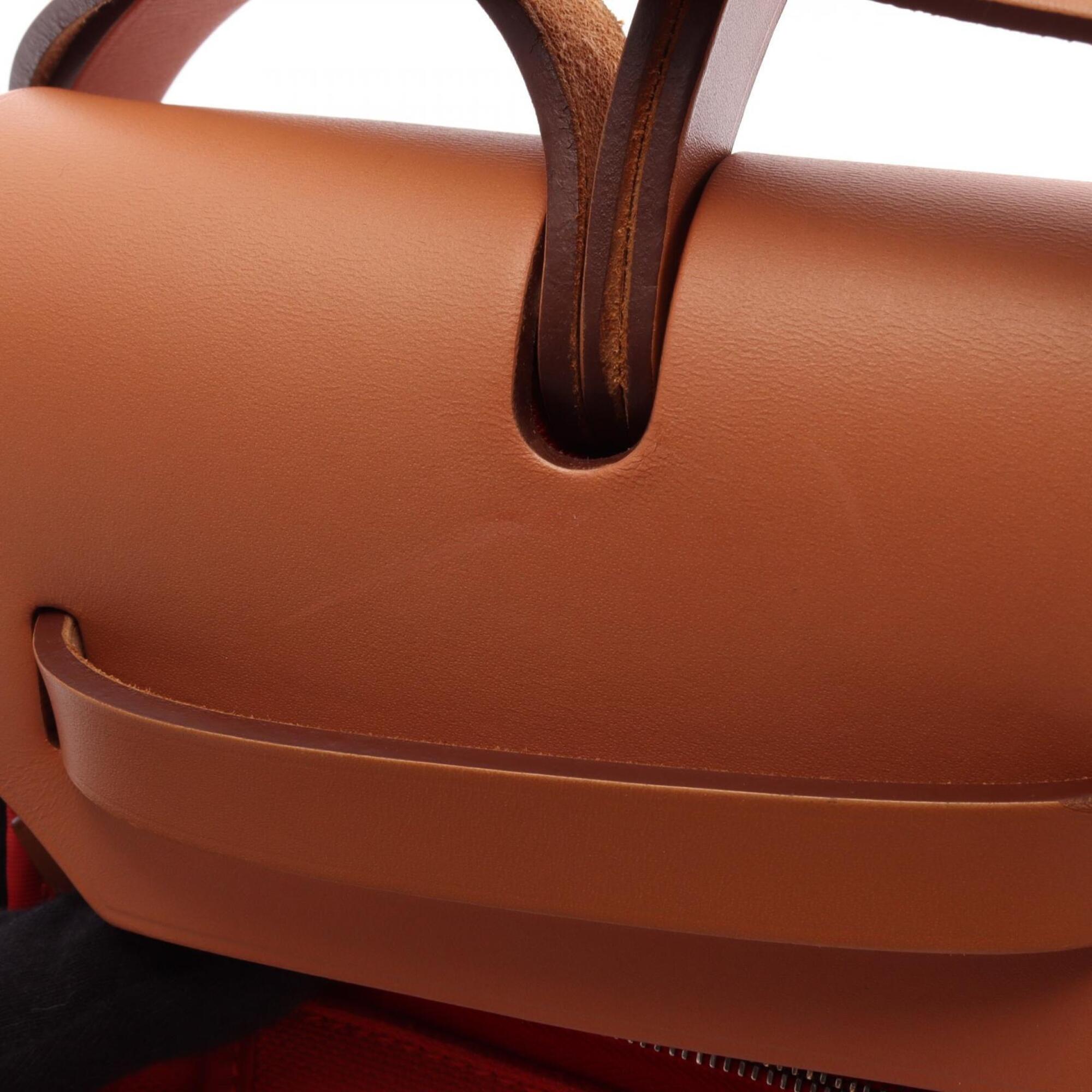 Hermes Brown Natural Red Color Canvas Leather Handbag (Pre-Owned)