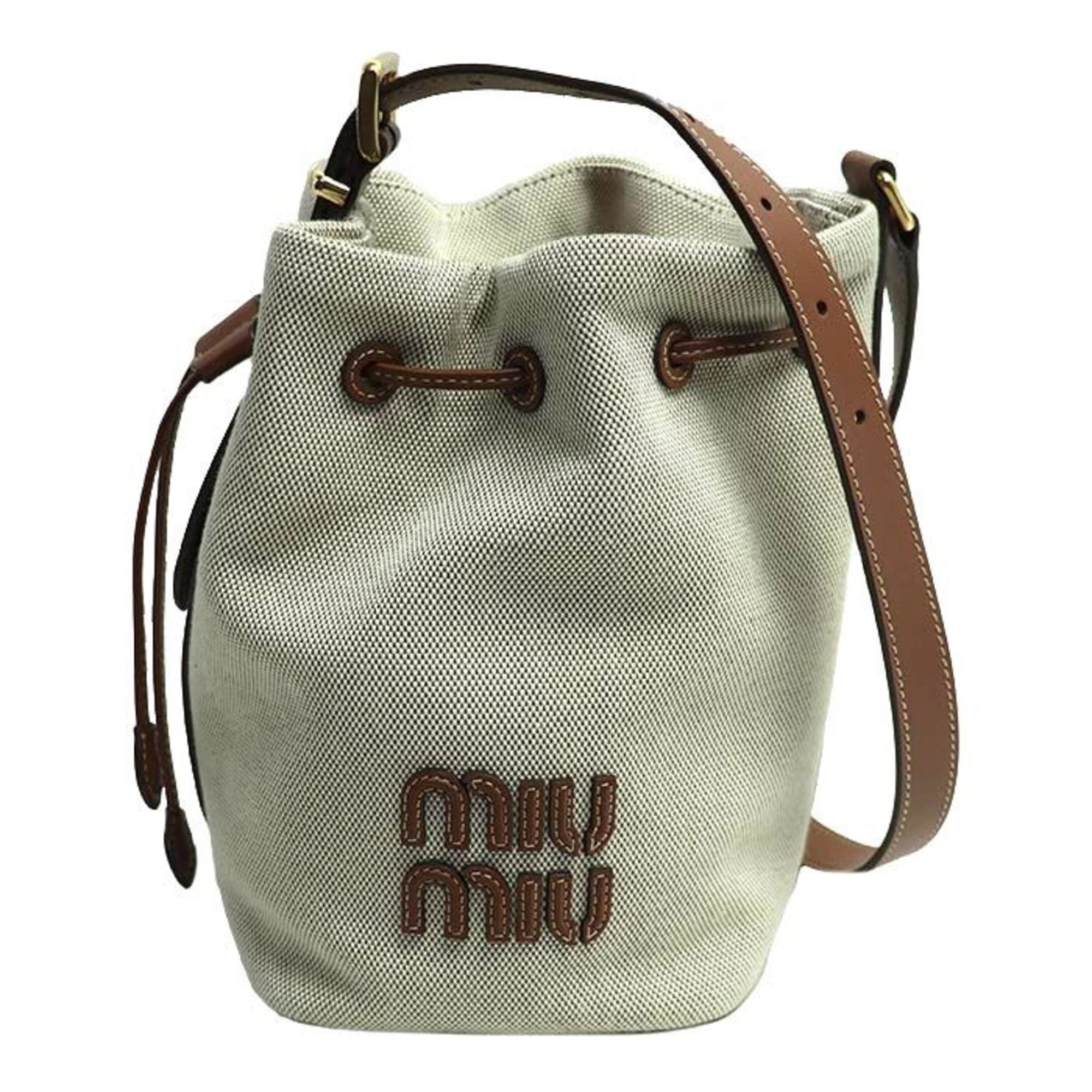 Miu Miu Beige Brown Canvas Leather Baguette Bag Shoulder Bag (Pre-Owned)