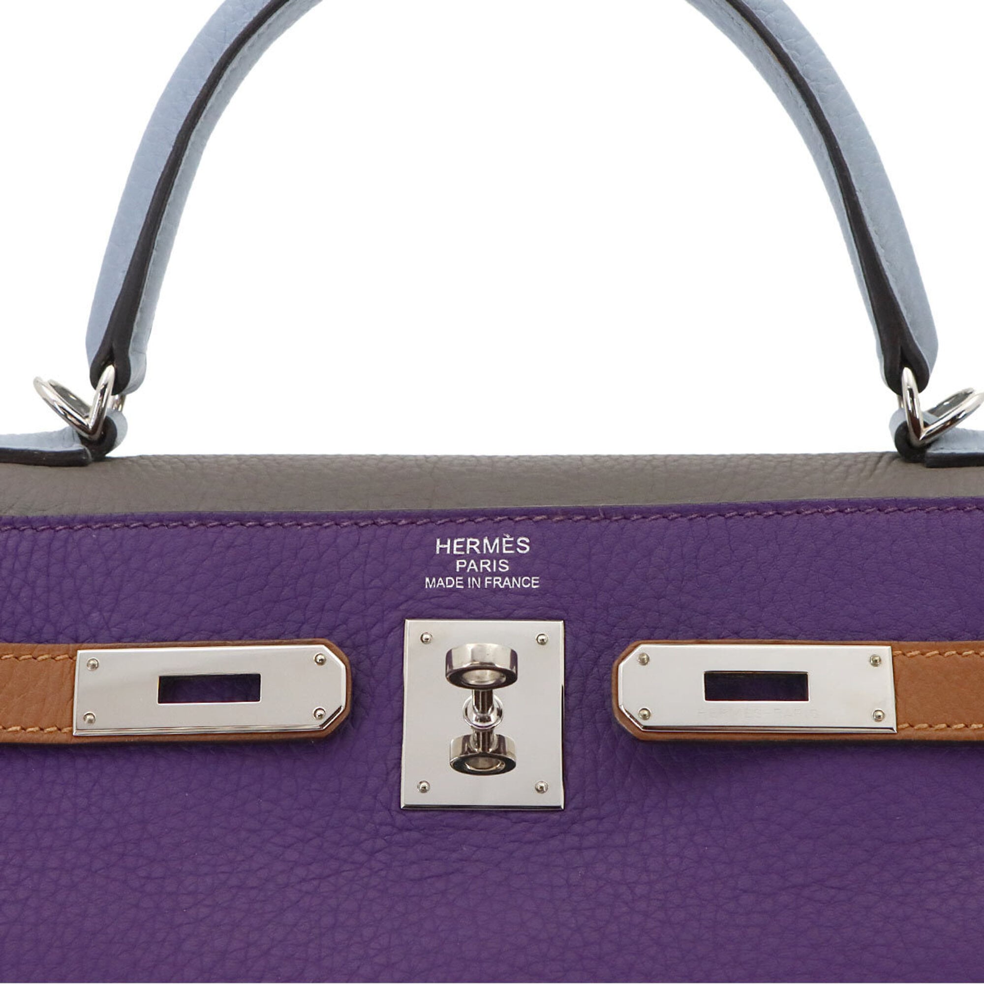 Hermes Blue Lin Blue Obscurs Brown Etain Etoupe Gray Taurillon Clemence Leather Handbag (Pre-Owned)