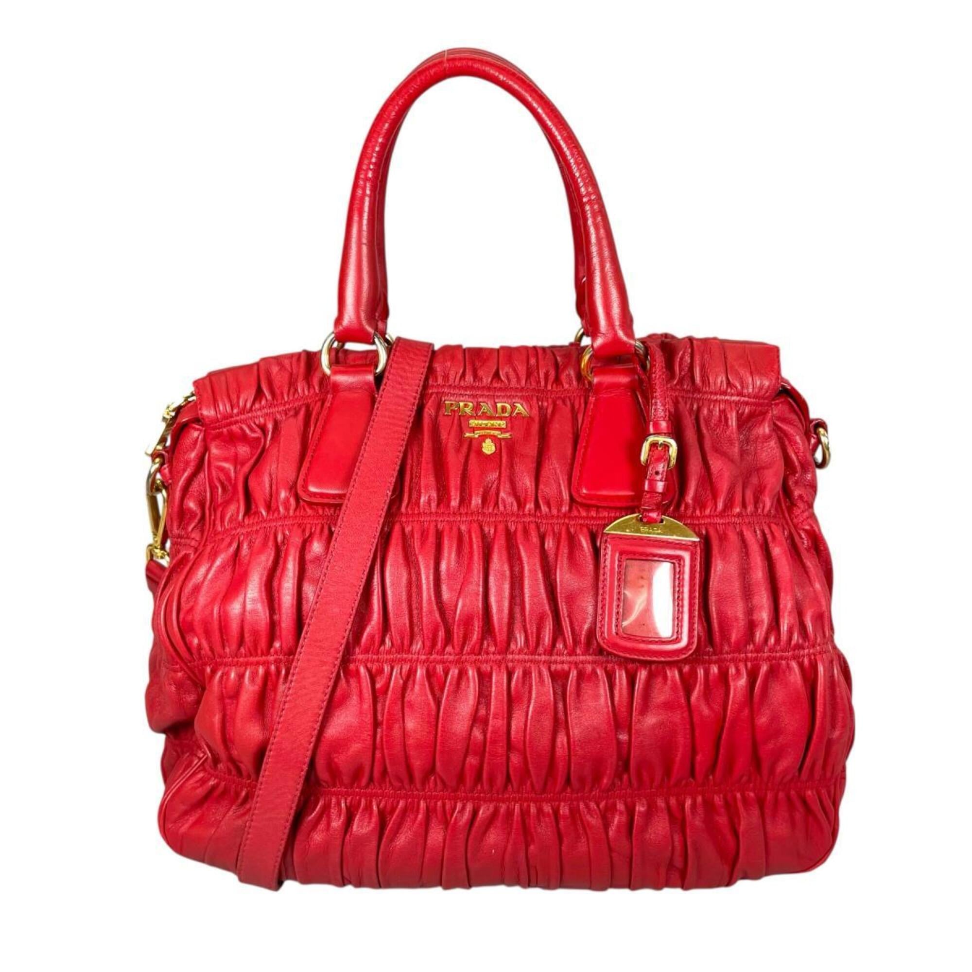 Prada Red Color Nappa Leather Shoulder Bag Tote Bag (Pre-Owned)