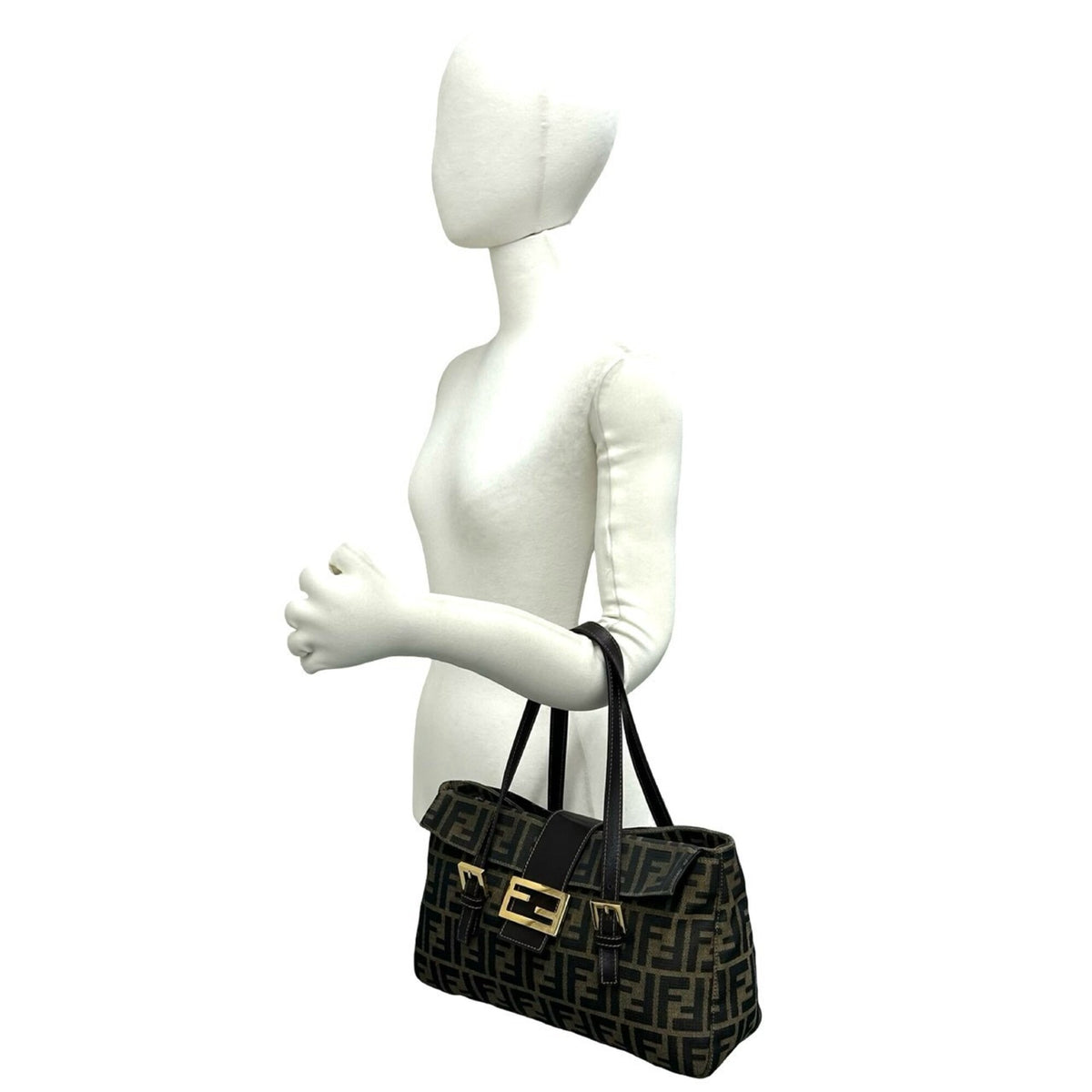 Fendi Black Brown Canvas Leather Handbag Tote Bag (Pre-Owned)