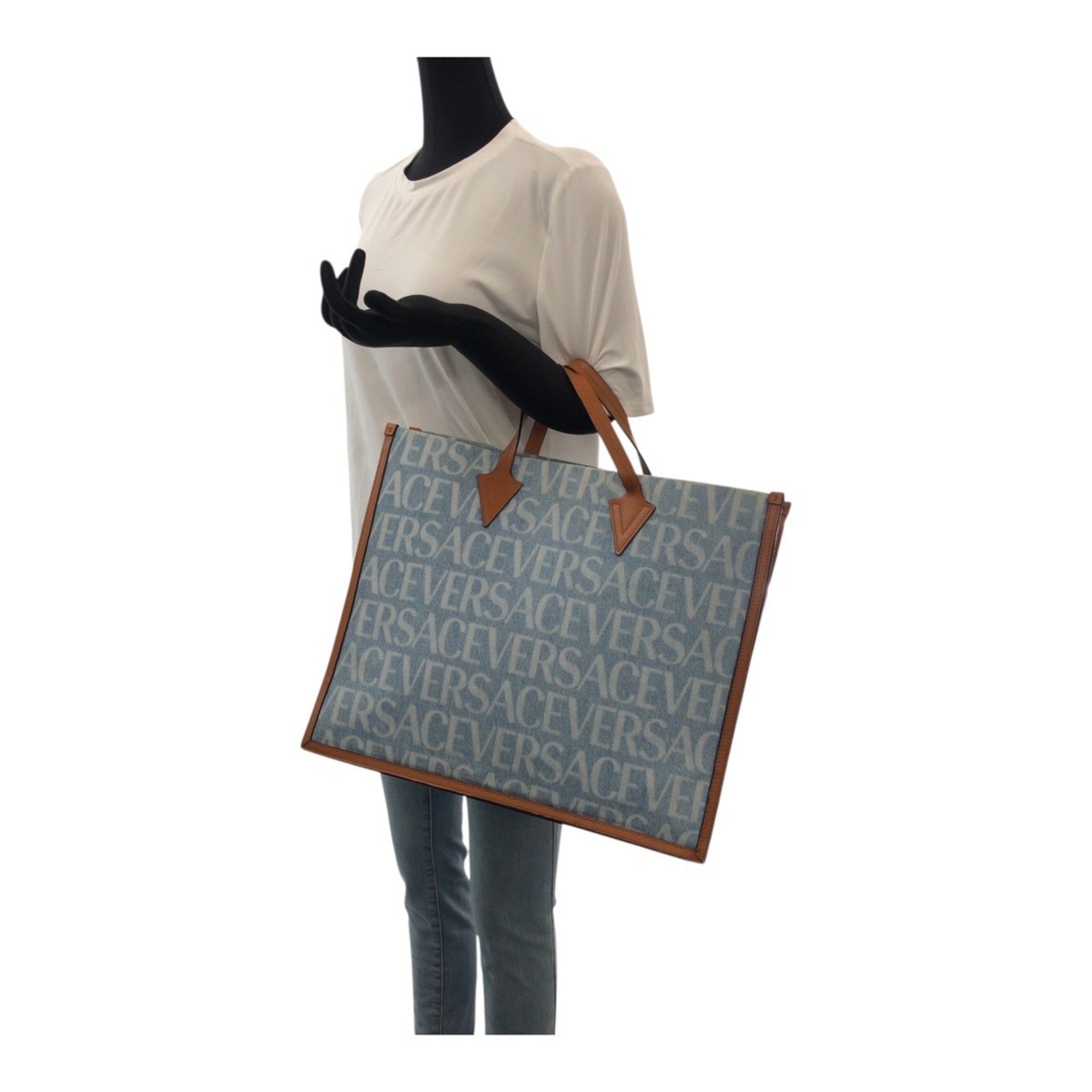 Versace Blue Brown Denim Handbag Tote Bag (Pre-Owned)