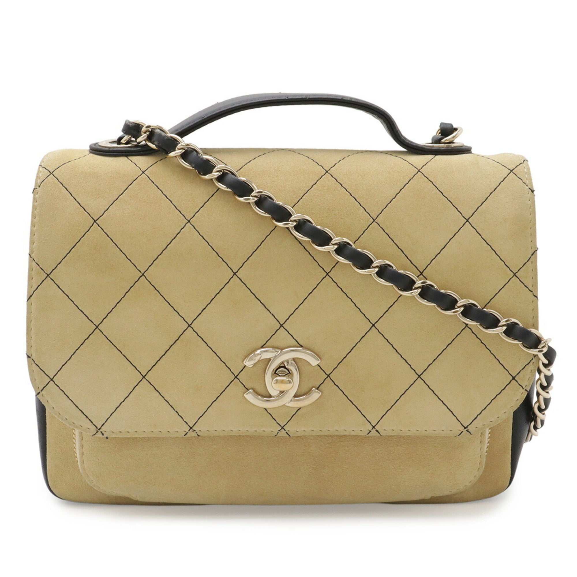 Chanel Beige Black Suede Handbag (Pre-Owned)