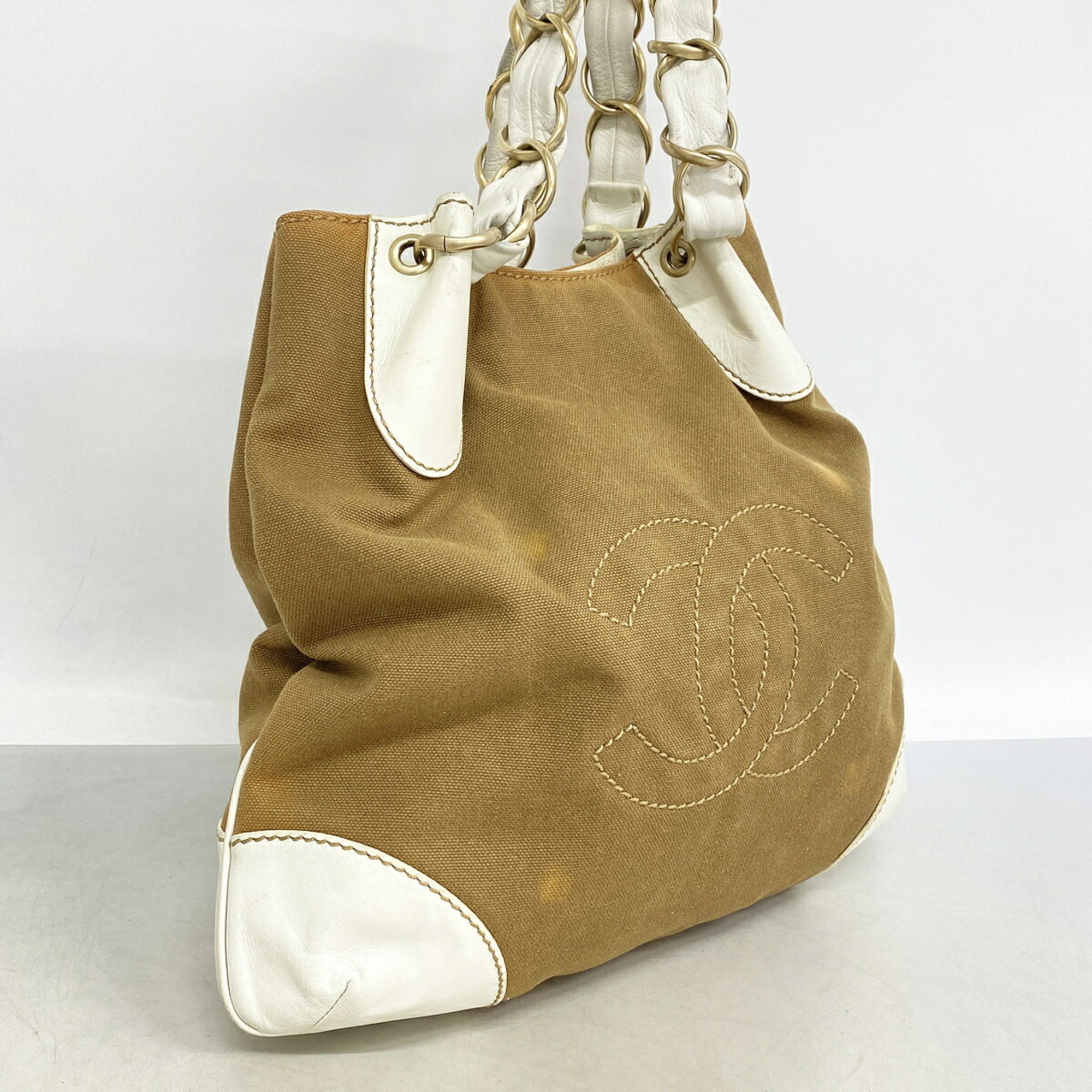 Chanel Beige White Canvas Tote Bag (Pre-Owned)