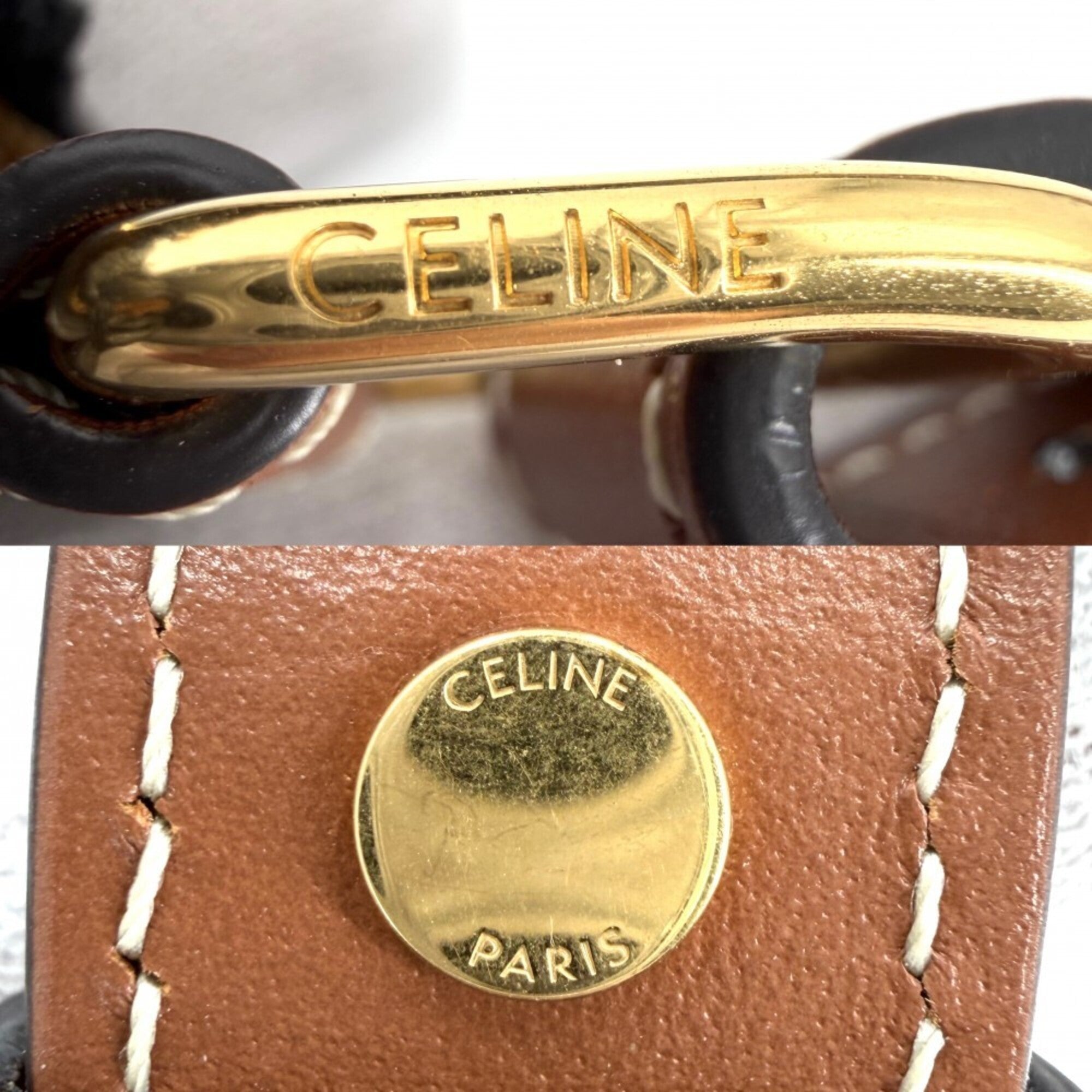 Celine Brown Leather Canvas Handbag Shoulder Bag (Pre-Owned)