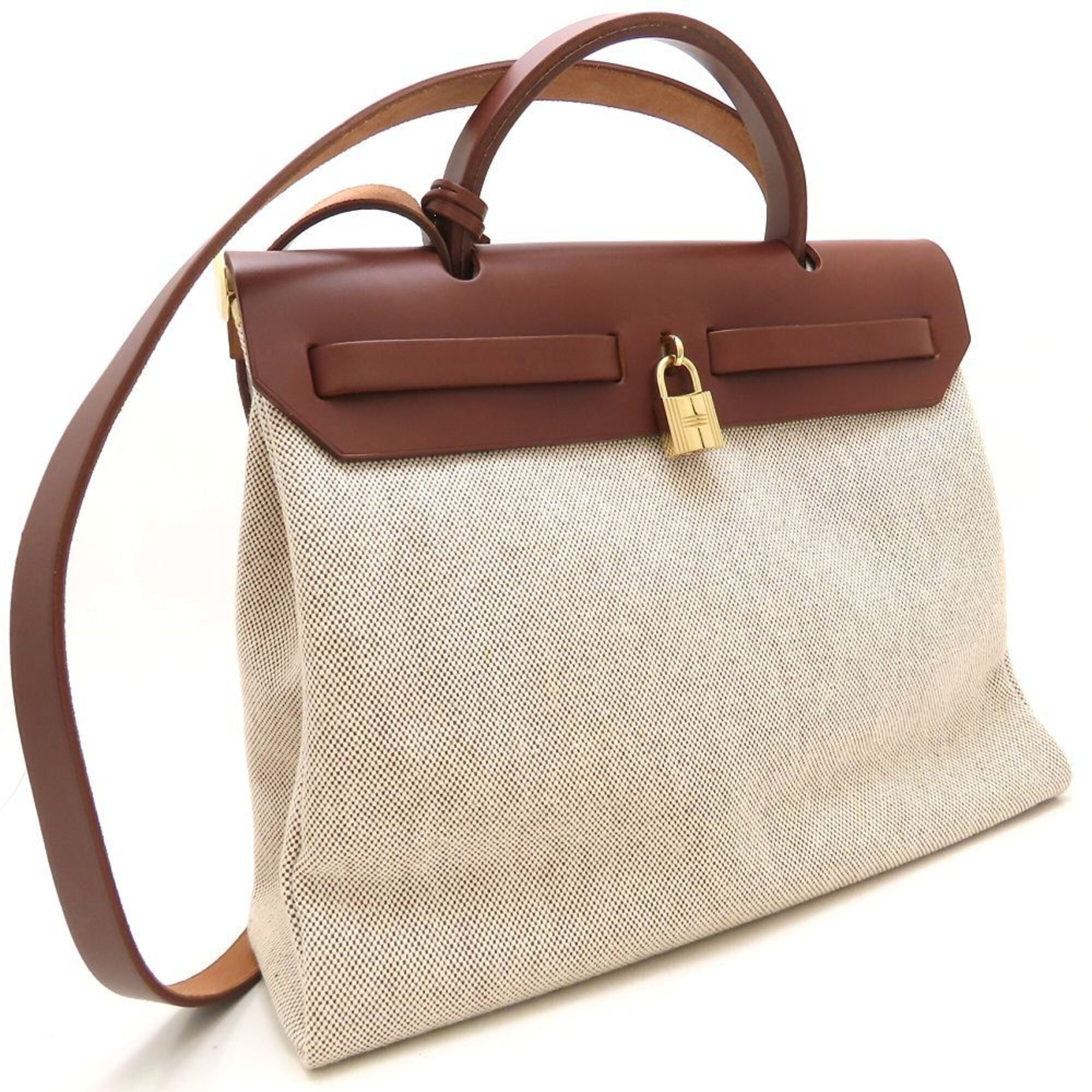 Hermes Her Bag Beige Brown Toile Officier Leather Shoulder Bag (Pre-Owned)