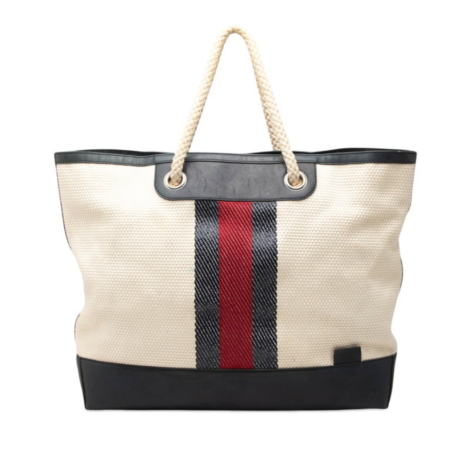 Gucci Ivory Navy Canvas Leather Tote Bag (Pre-Owned)
