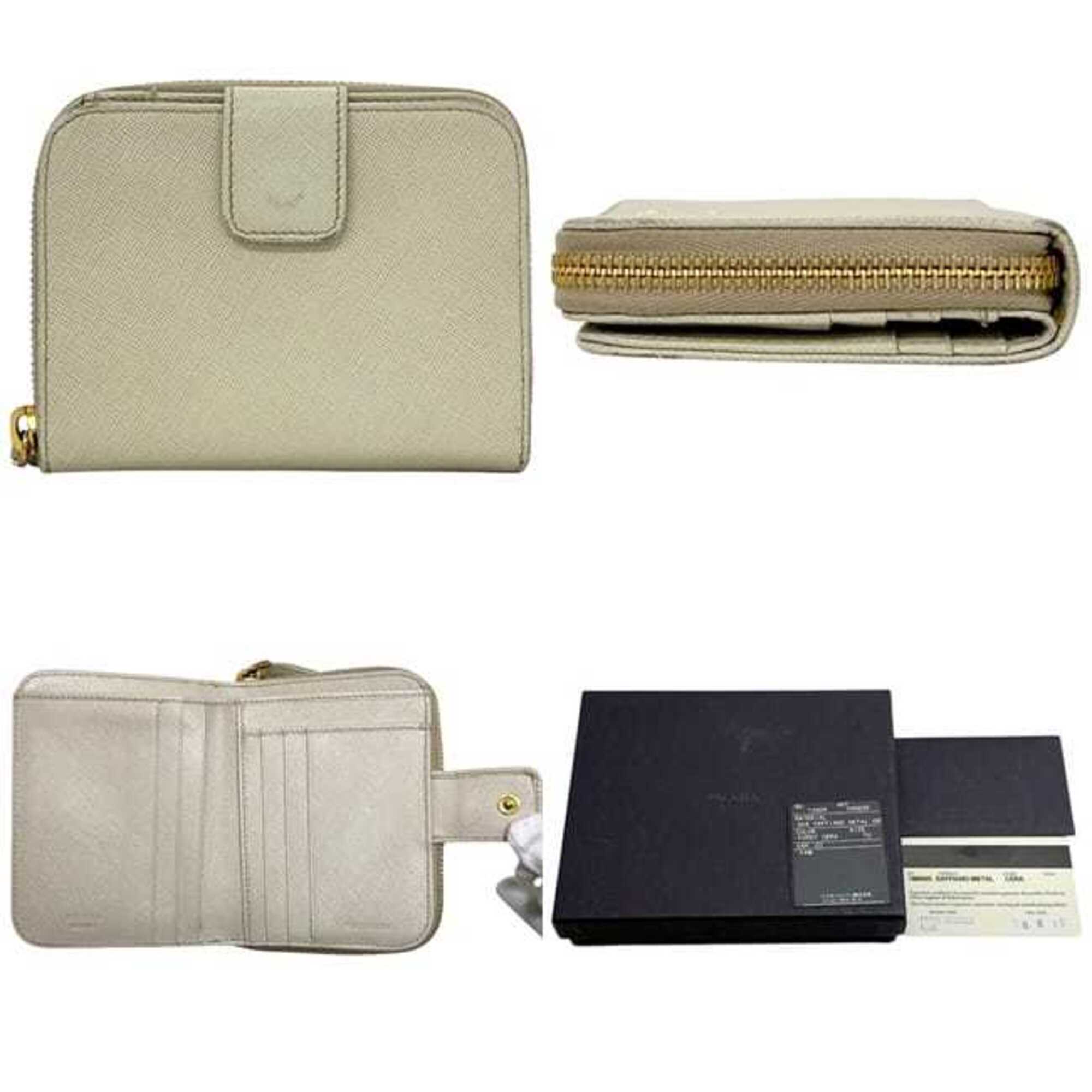 Prada Beige White Saffiano Metal Wallet (Bi-Fold) (Pre-Owned)