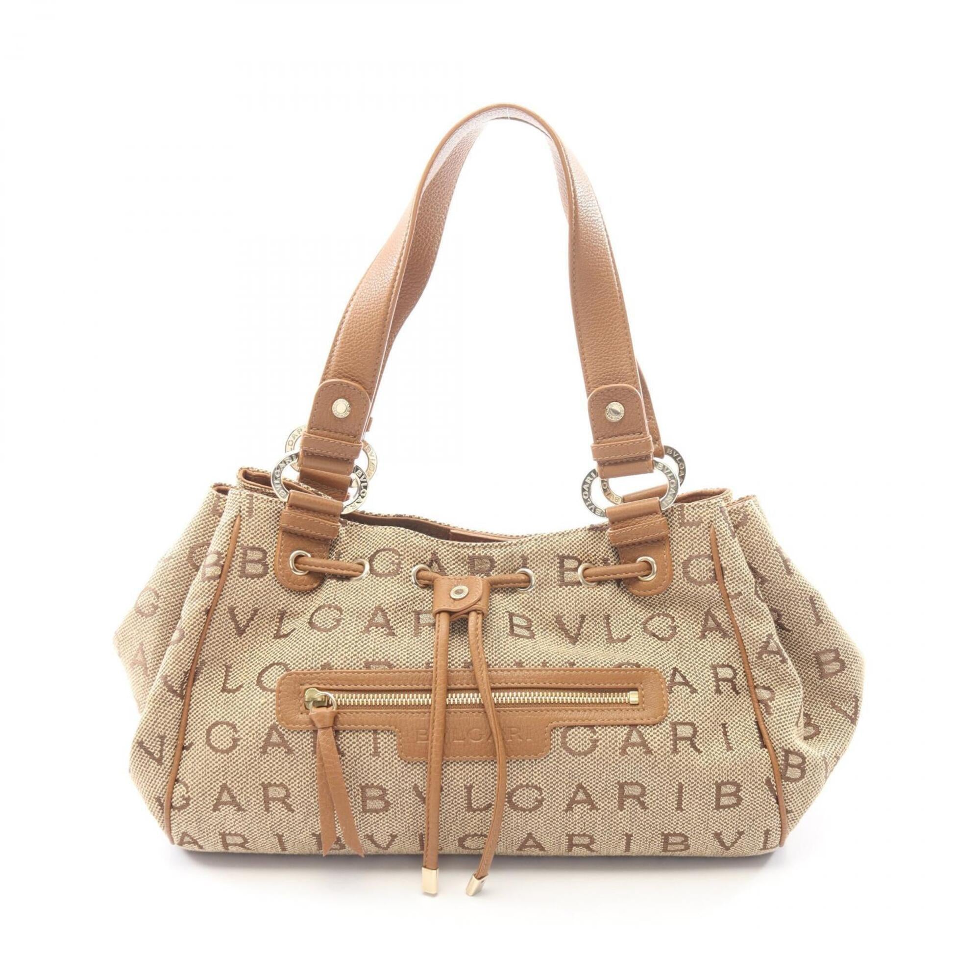 Bvlgari Beige Brown Canvas Leather Handbag Tote Bag (Pre-Owned)