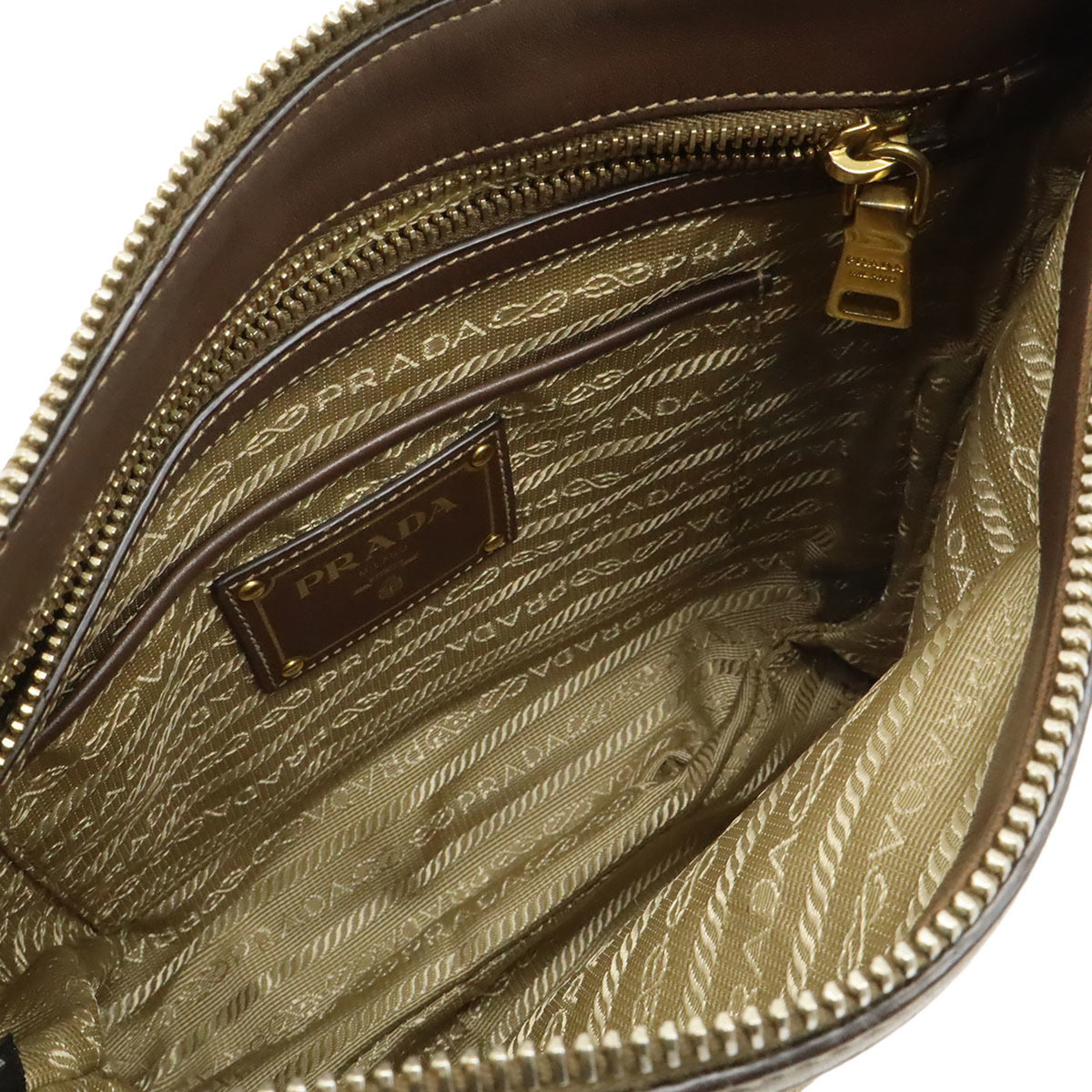 Prada Beige Dark Brown Khaki Canvas Leather Clutch Bag Shoulder Bag (Pre-Owned)