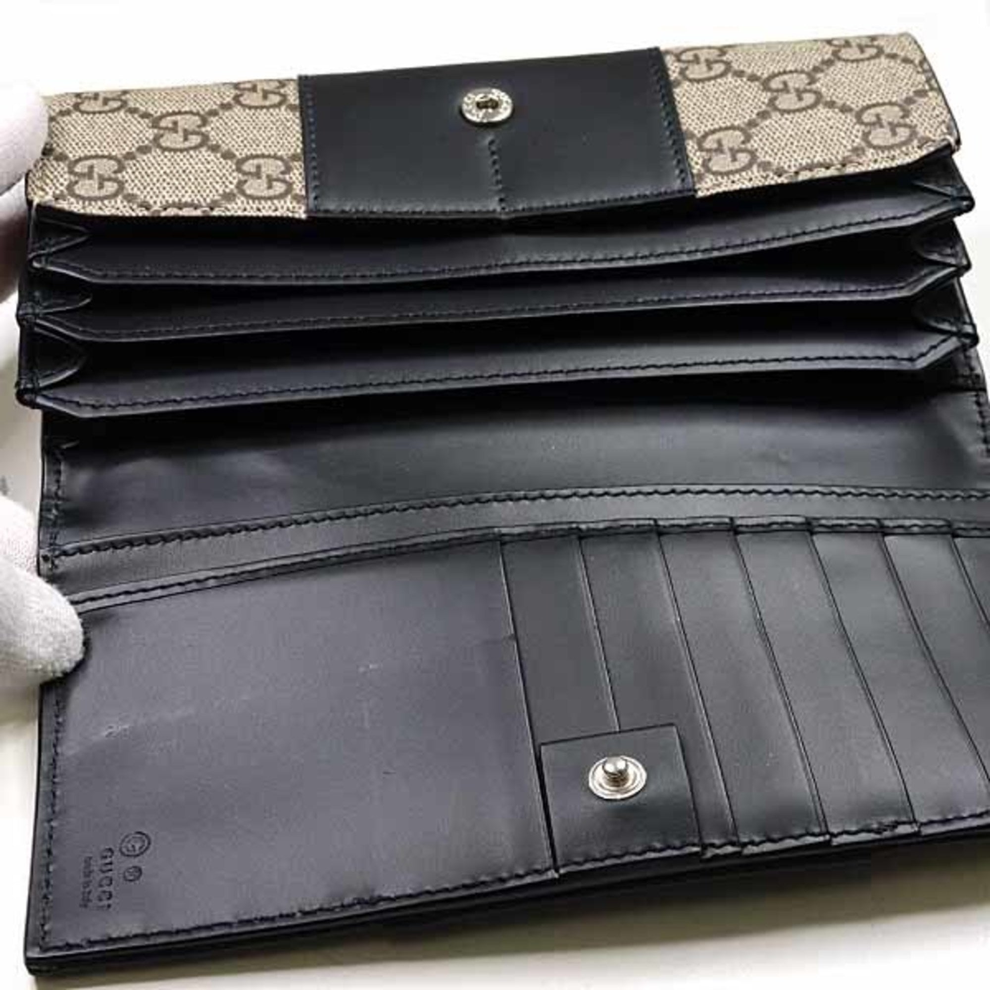 Gucci Beige Black Gg Supreme Leather Long Wallet (Bi-Fold) (Pre-Owned)