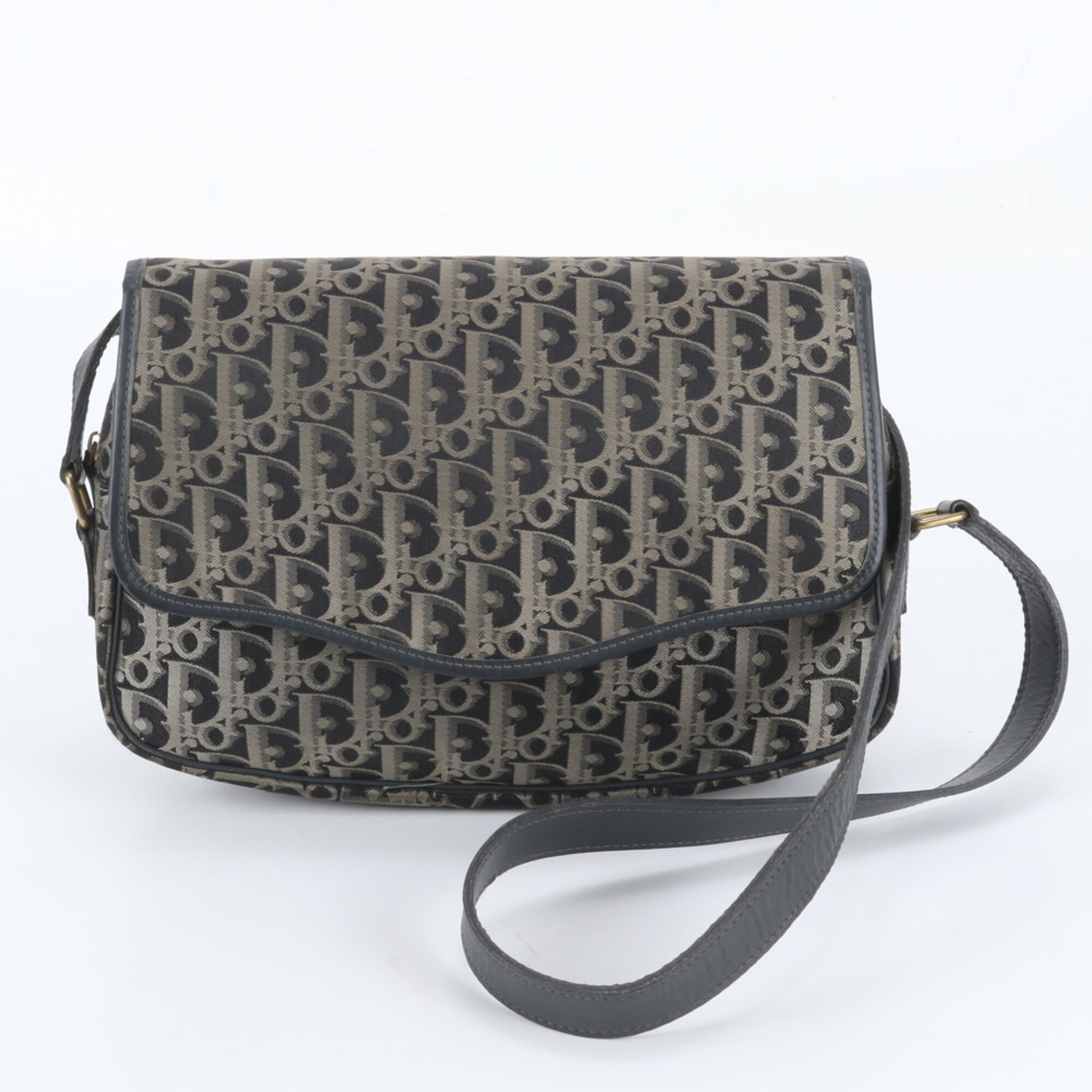 Christian Dior Gray Navy Leather Canvas Messenger Bag Shoulder Bag (Pre-Owned)