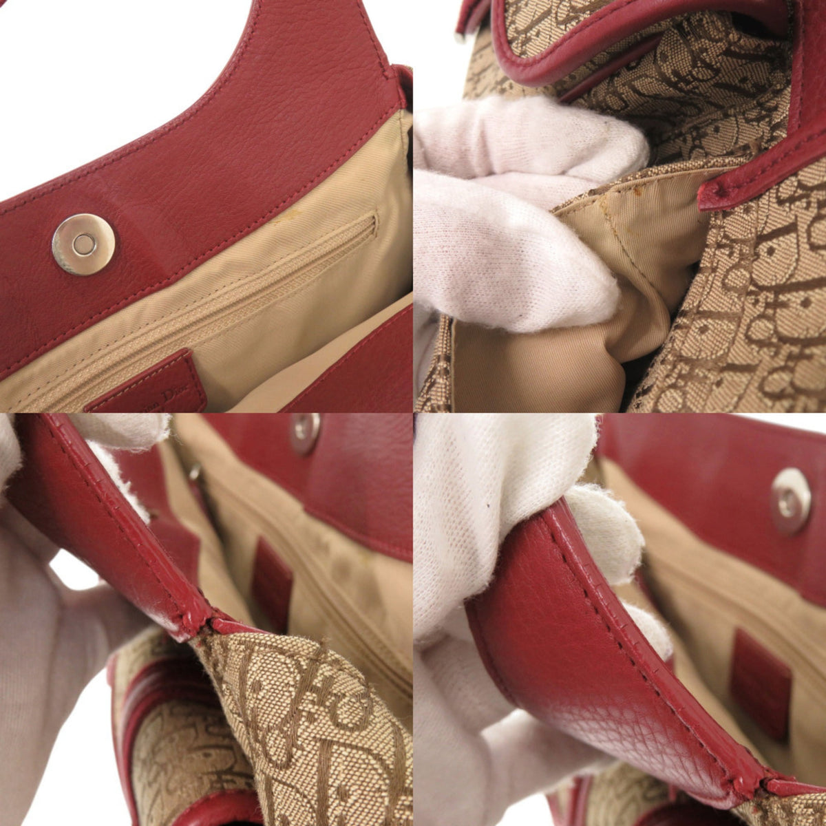 Christian Dior Beige Red Color Leather Canvas Handbag Shoulder Bag (Pre-Owned)