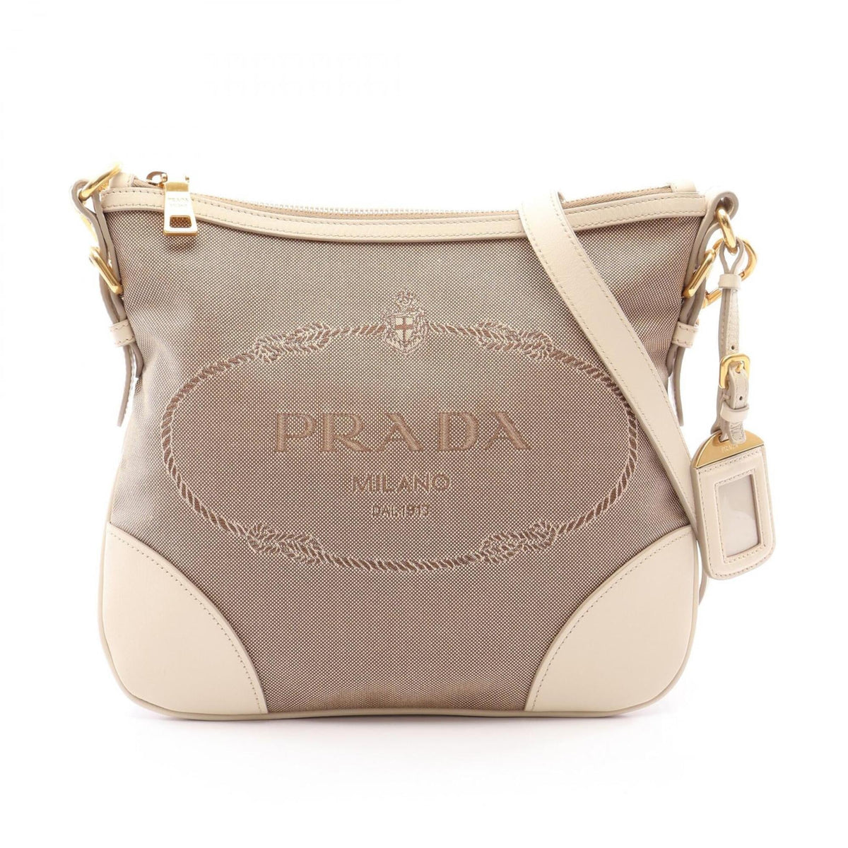 Prada Beige Ivory Canvas Leather Shoulder Bag (Pre-Owned)