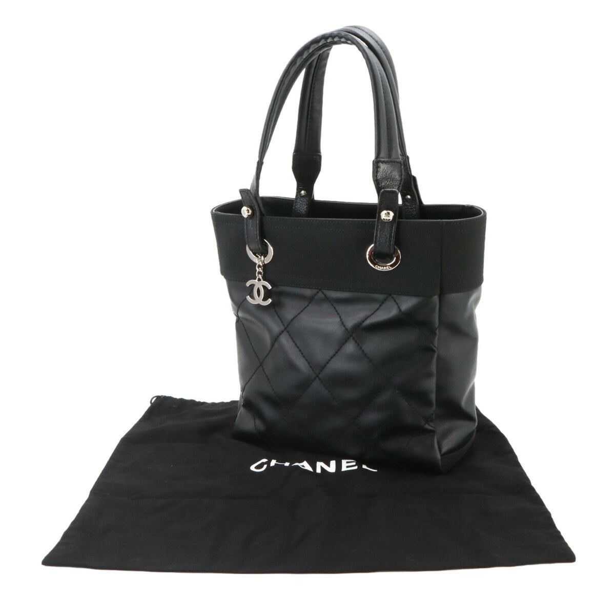 Chanel Paris Biarritz Black Nylon Pvc Leather Handbag Tote Bag (Pre-Owned)