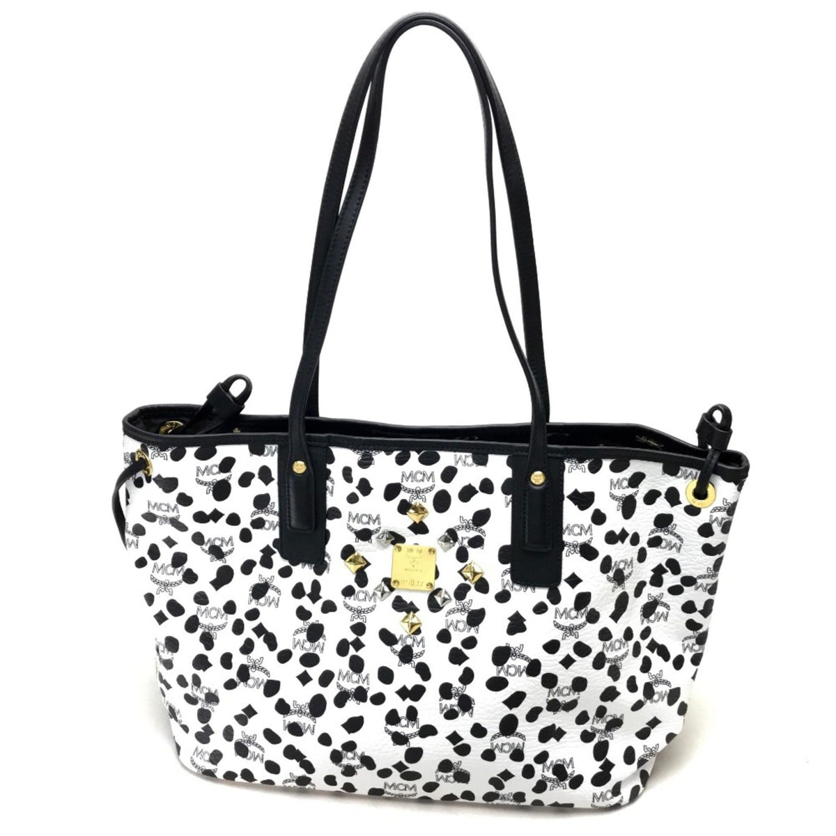 Mcm Black White Leather Shoulder Bag Tote Bag (Pre-Owned)