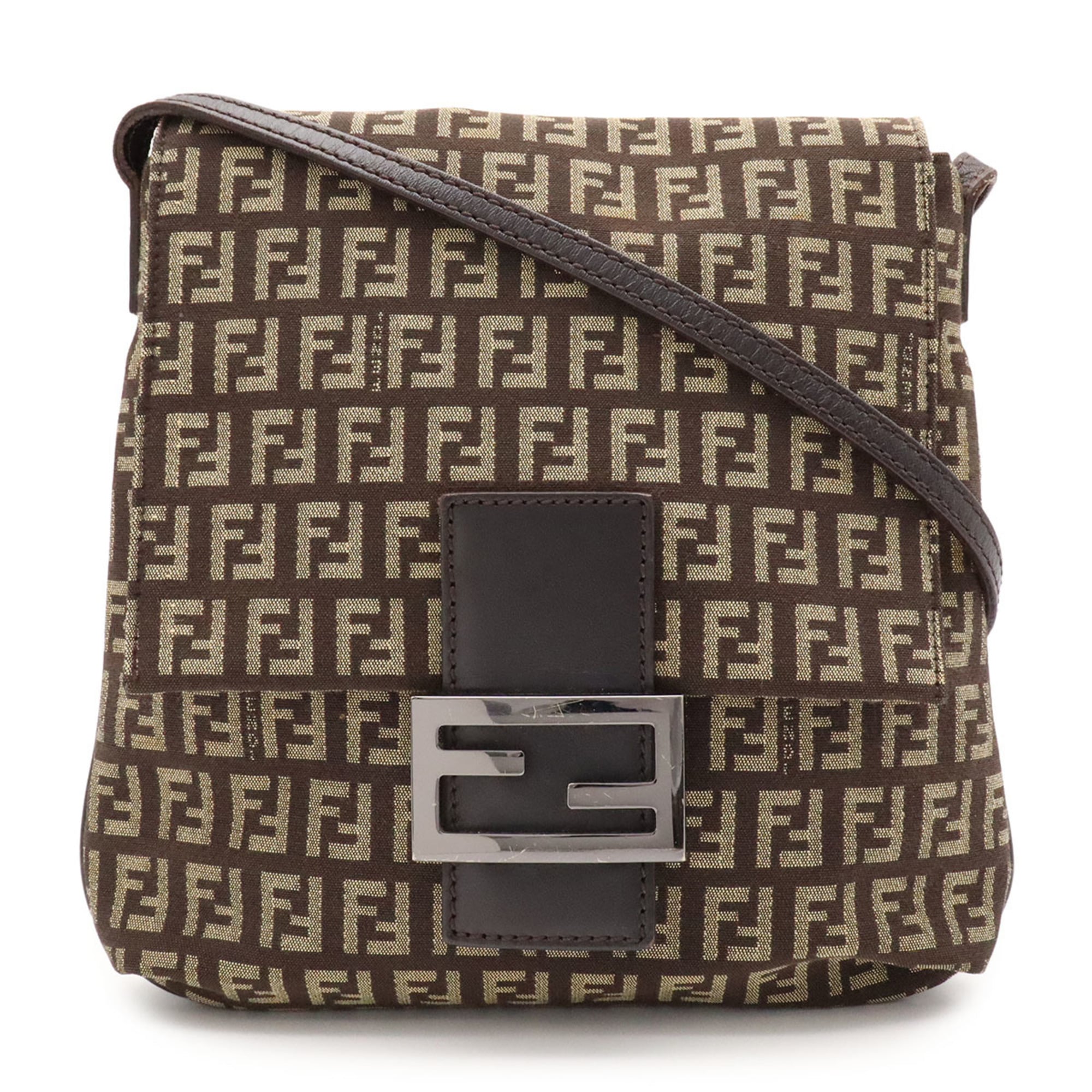 Fendi Zucchino Beige Dark Brown Khaki Canvas Leather Pochette Shoulder Bag (Pre-Owned)
