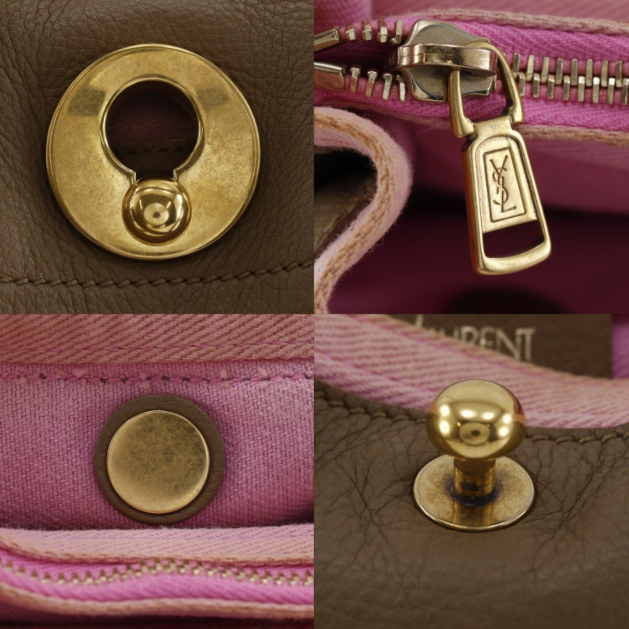 Yves Saint Laurent Brown Pink Leather Canvas Handbag (Pre-Owned)