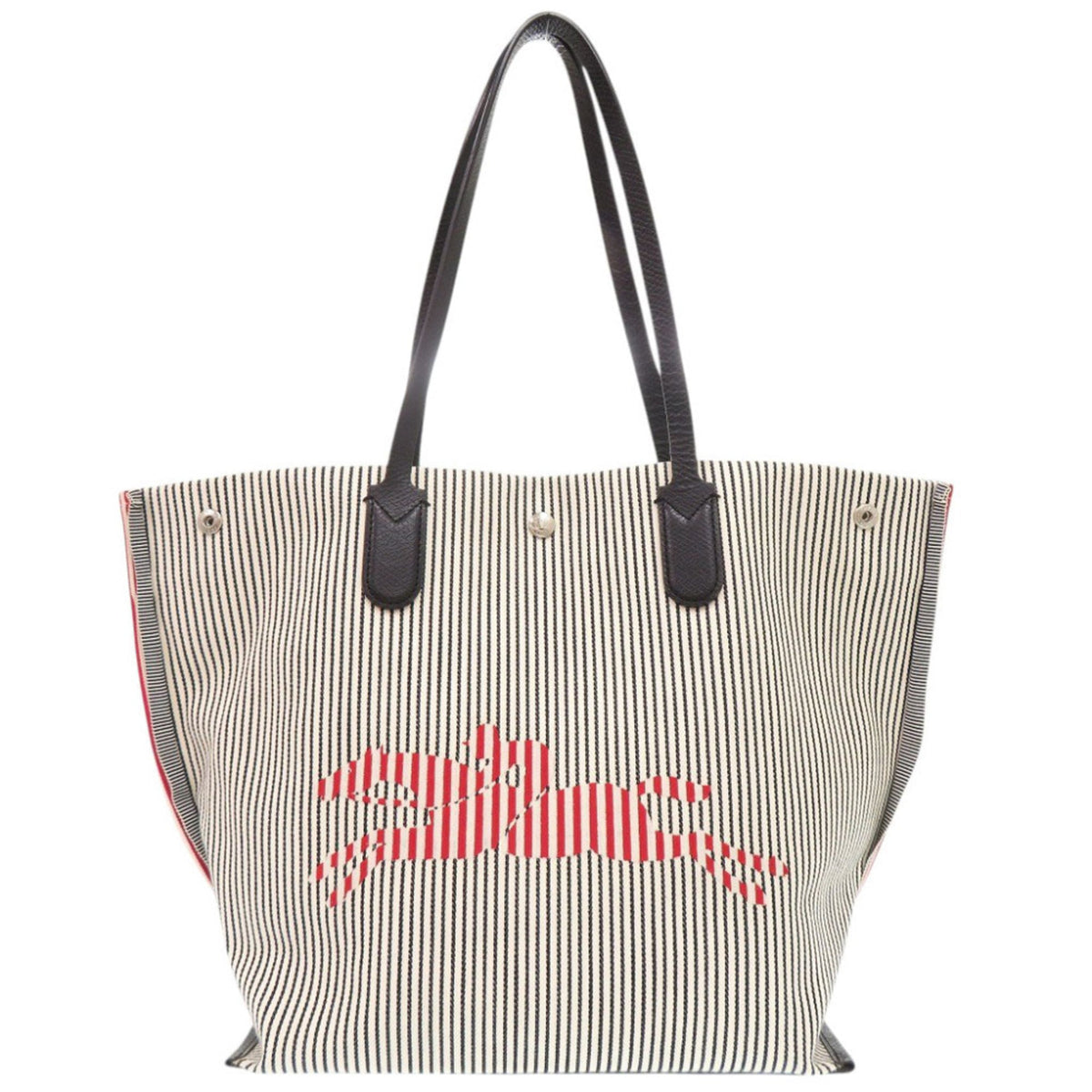 Longchamp Black Ivory Red Color Canvas Leather Tote Bag (Pre-Owned)