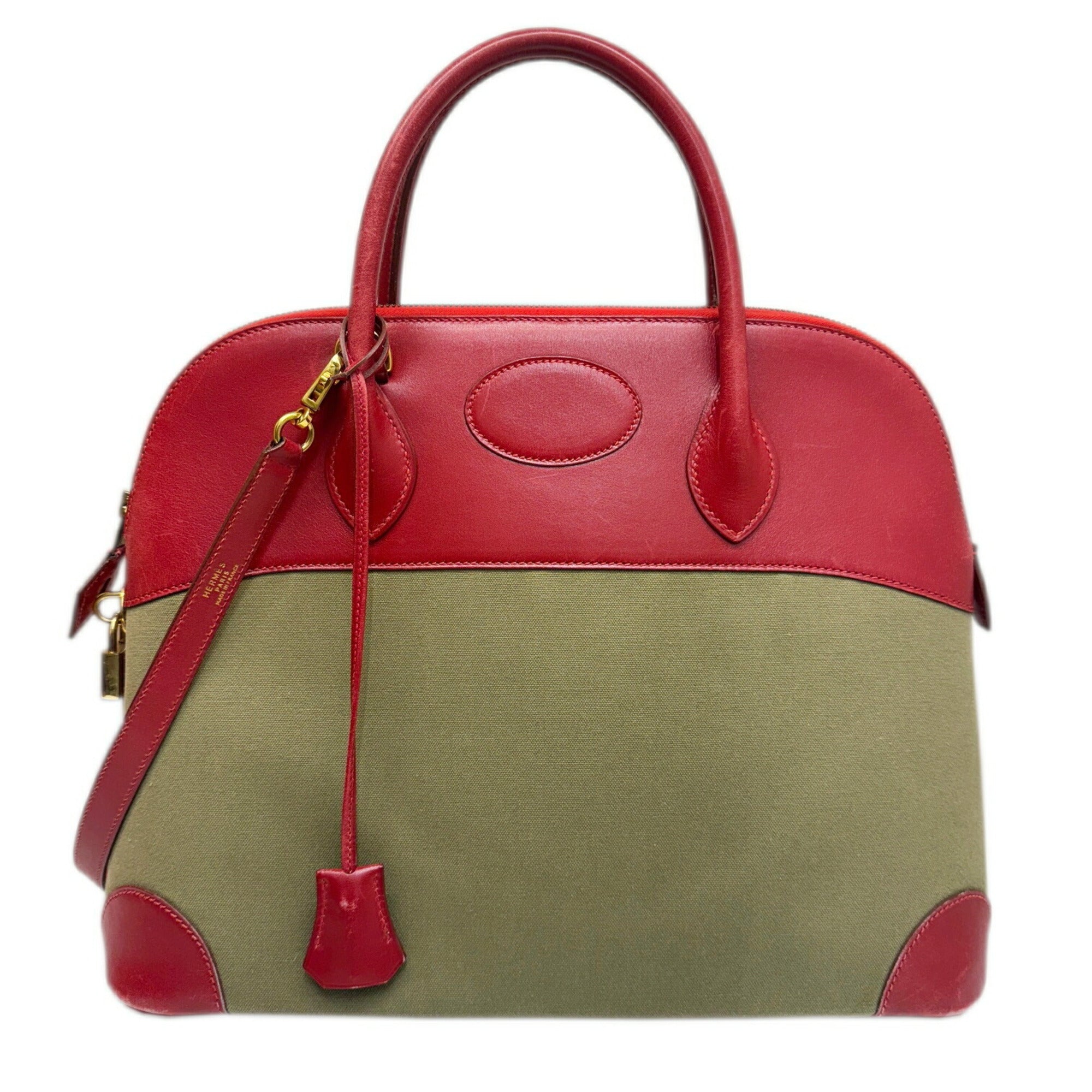 Hermes Khaki Rouge Garance Toile Officier Box Calf Leather Handbag Shoulder Bag (Pre-Owned)