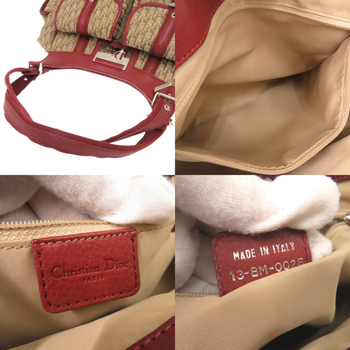 Christian Dior Beige Red Color Leather Canvas Handbag Shoulder Bag (Pre-Owned)