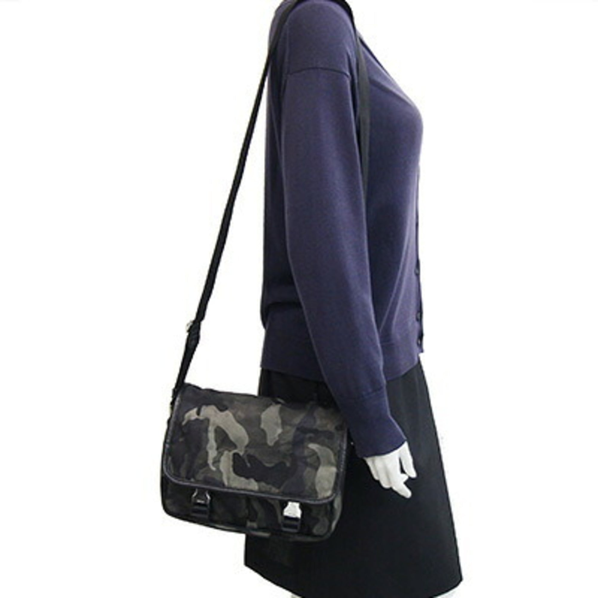 Prada Black Brown Green Khaki Nylon Leather Shoulder Bag (Pre-Owned)