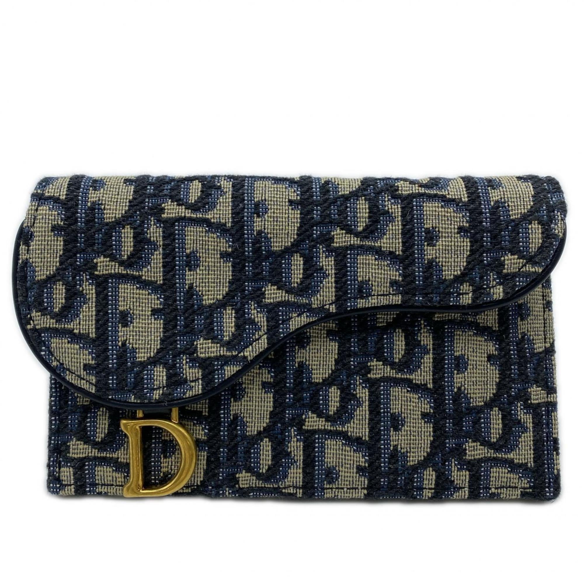 Christian Dior Beige Navy Canvas Leather Card Wallet (Pre-Owned)