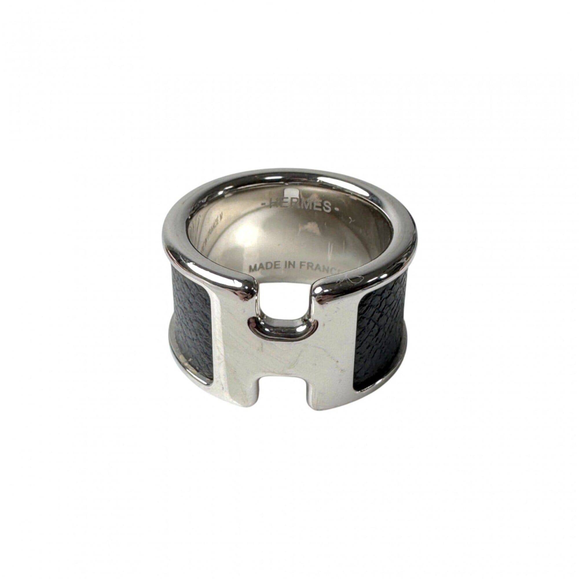 Hermes Silver Black Leather Metal Band Ring (Pre-Owned)