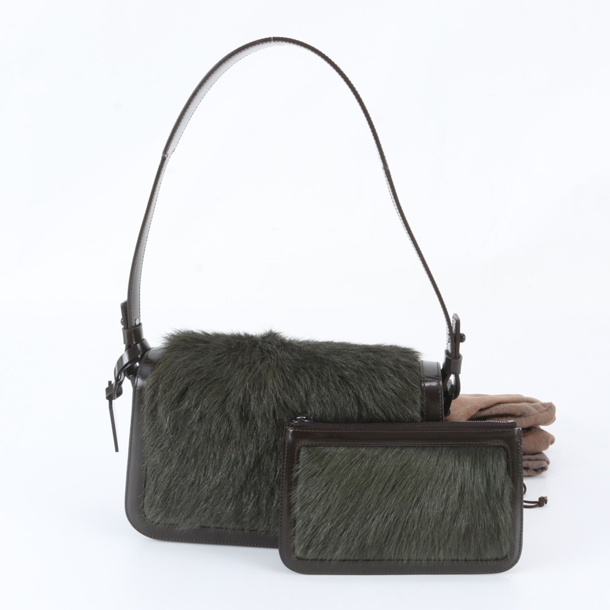 Celine Brown Dark Green Leather Handbag Pouch Shoulder Bag Tote Bag (Pre-Owned)