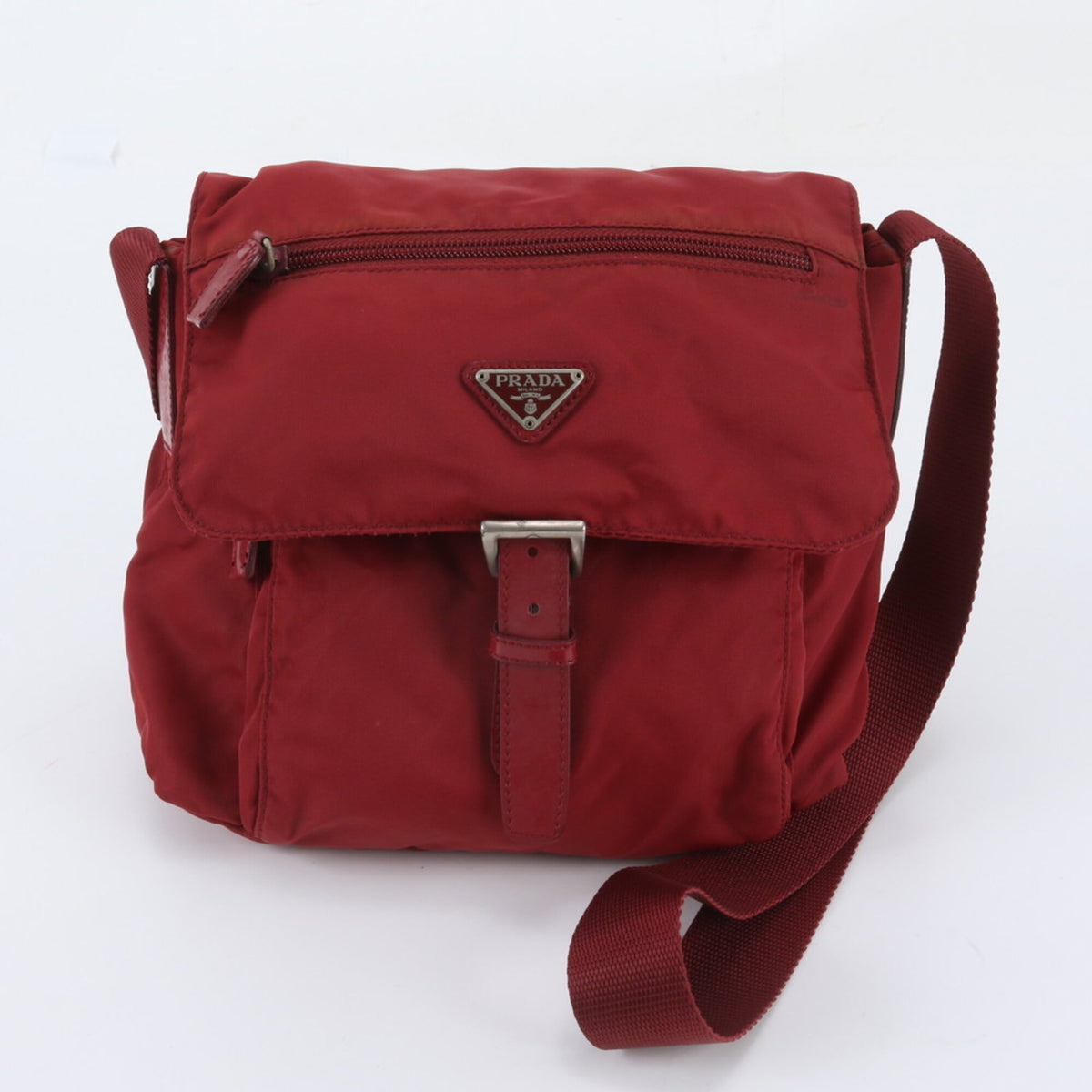 Prada Red Color Wine Leather Nylon Shoulder Bag (Pre-Owned)
