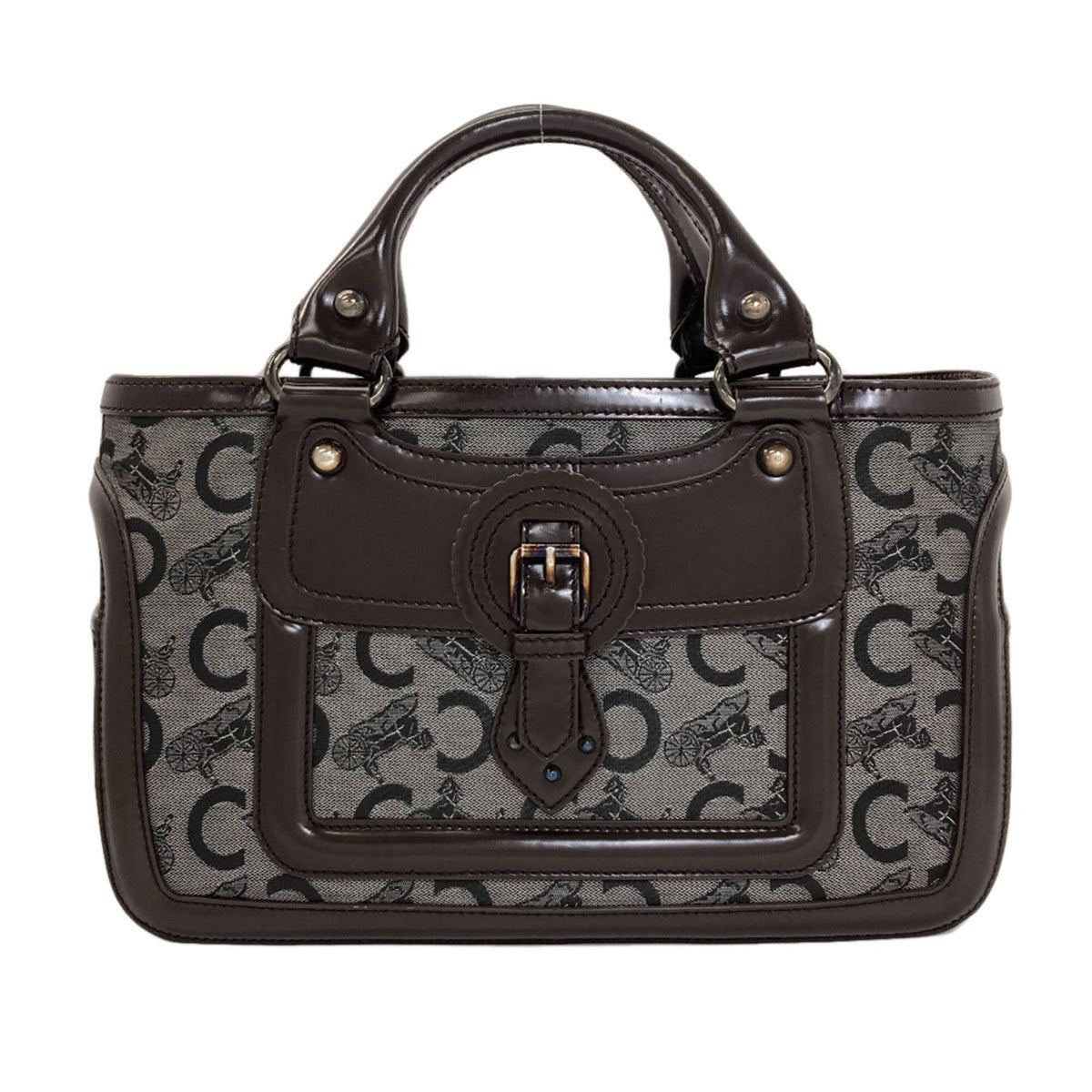 Celine Dark Brown Gray Leather Canvas Handbag (Pre-Owned)
