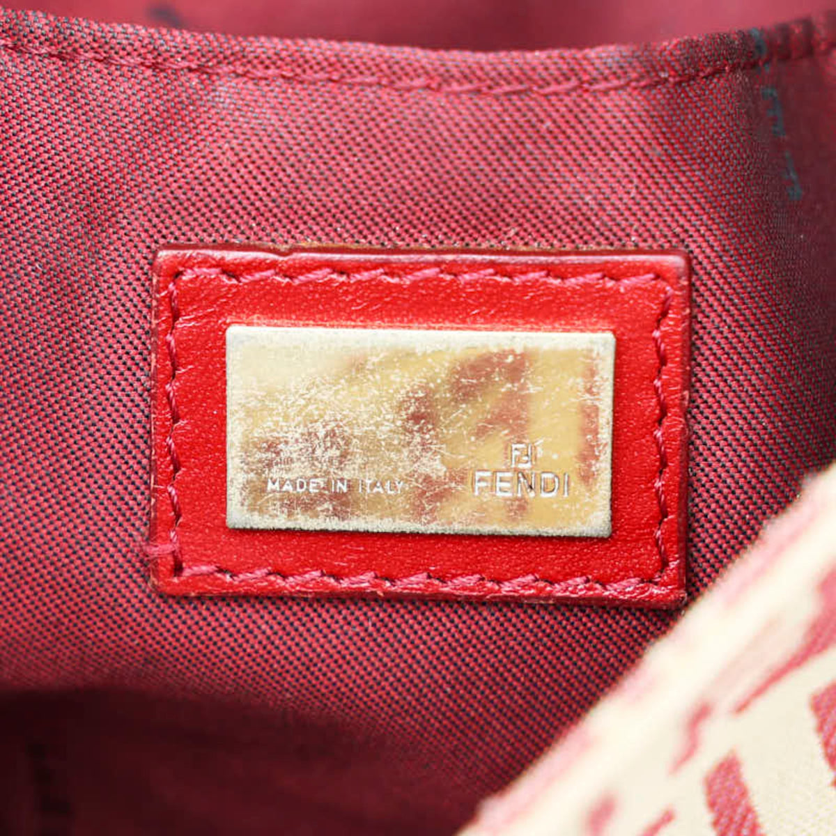 Fendi Zucchino Beige Red Color Canvas Leather Shoulder Bag (Pre-Owned)