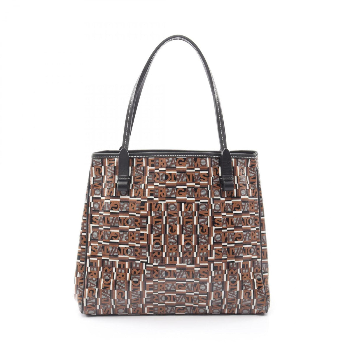 Salvatore Ferragamo Black Brown White Coated Canvas Leather Handbag Tote Bag (Pre-Owned)