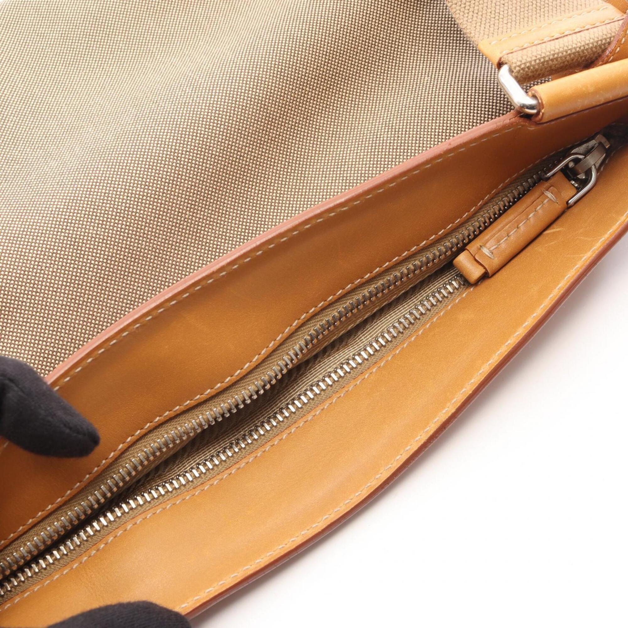 Prada Beige Brown Canvas Leather Handbag Shoulder Bag (Pre-Owned)