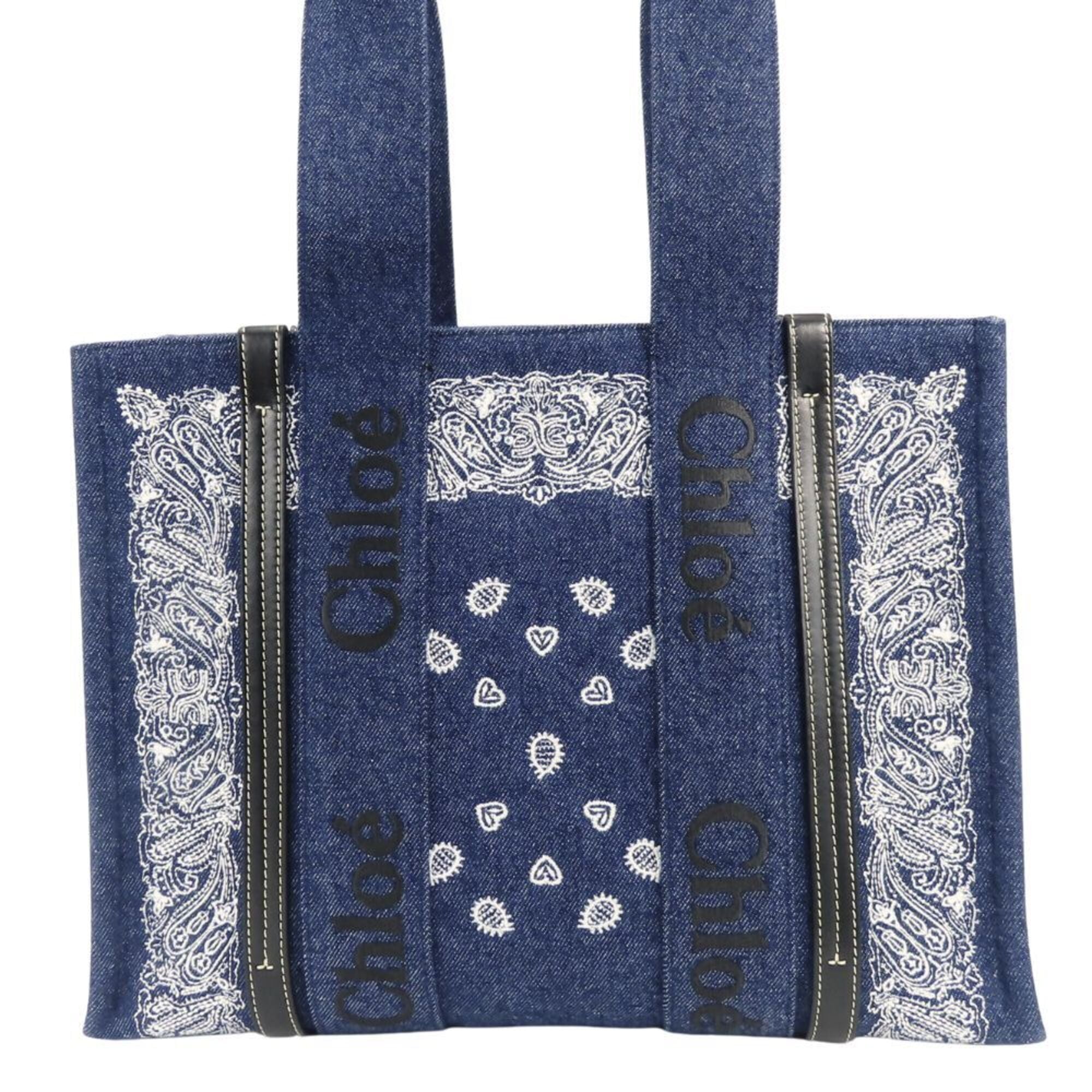 Chloé Blue White Cotton Denim Leather Tote Bag (Pre-Owned)
