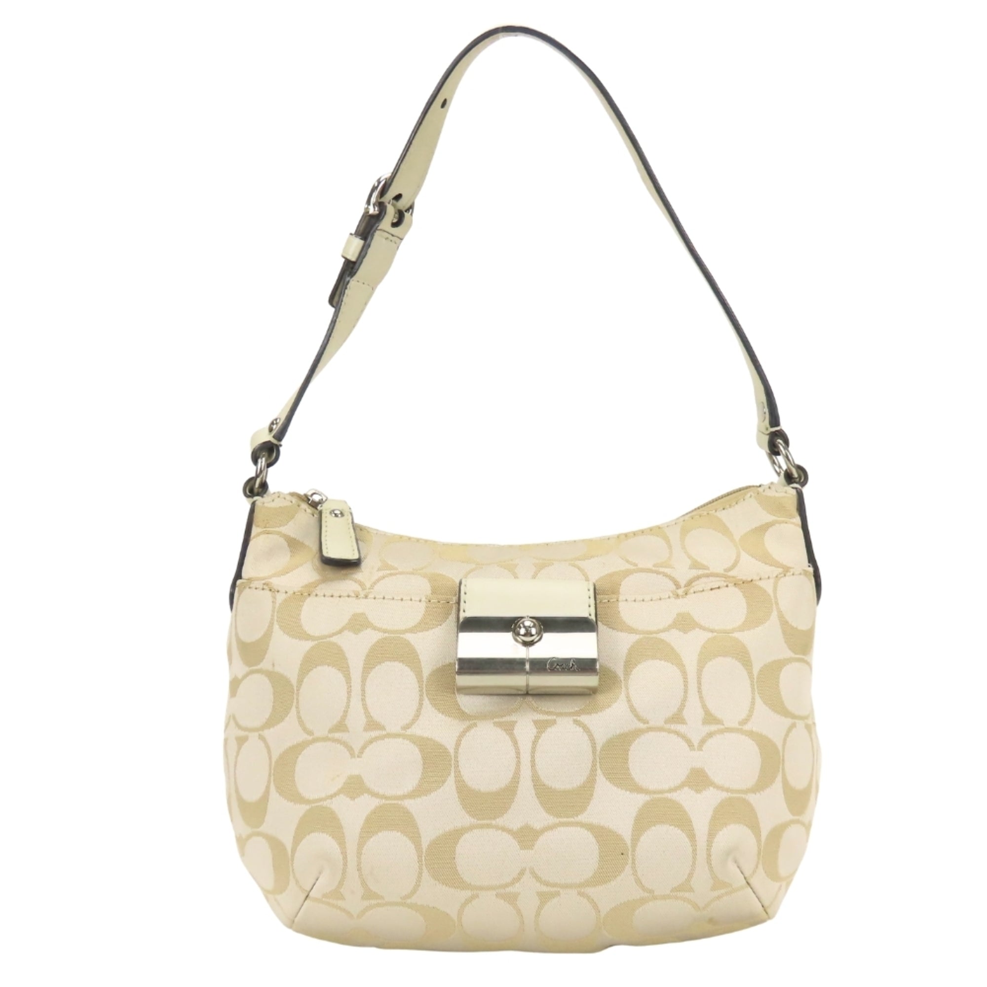 Coach Signature Gold Grayish Canvas Leather Shoulder Bag (Pre-Owned)
