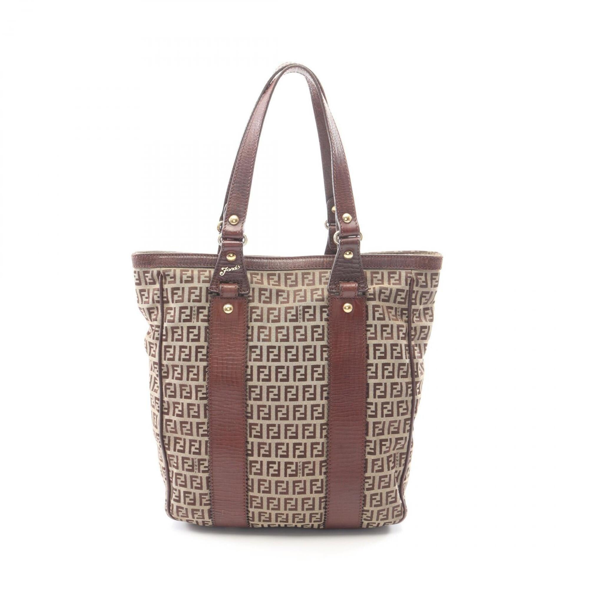 Fendi Beige Brown Canvas Leather Handbag Tote Bag (Pre-Owned)
