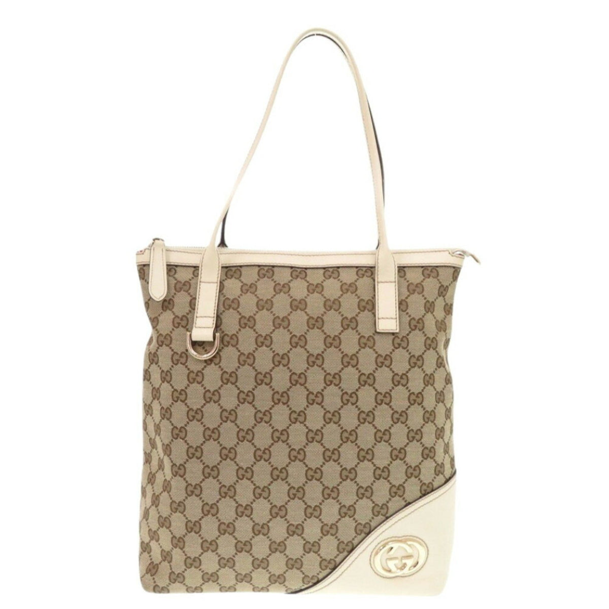 Gucci Beige White Gg Canvas Leather Tote Bag (Pre-Owned)