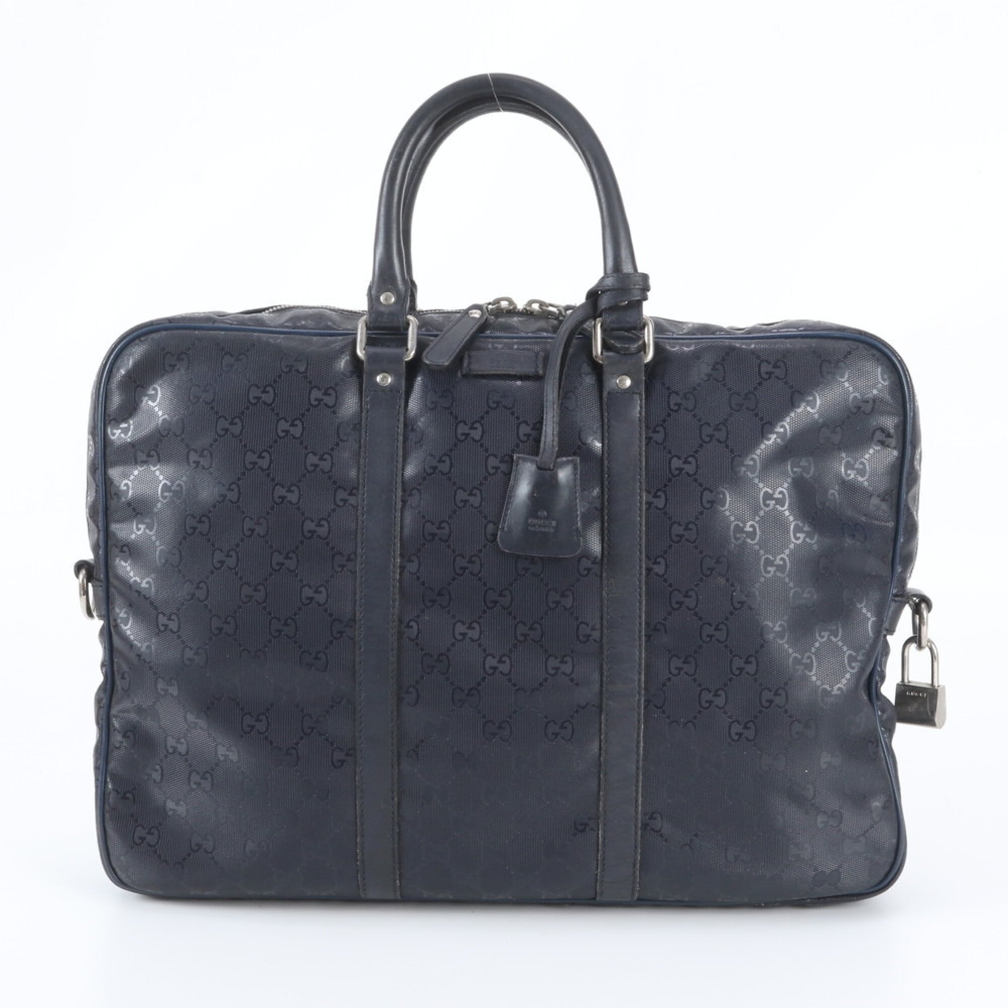 Gucci Navy Leather Coated Canvas Briefcase Tote Bag (Pre-Owned)