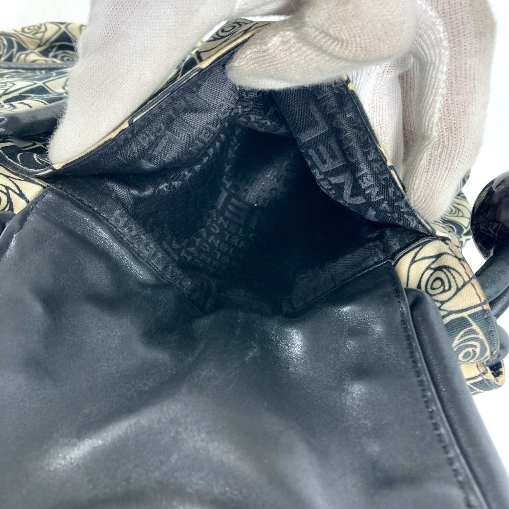 Chanel Beige Black Leather Canvas Shoulder Bag Tote Bag (Pre-Owned)