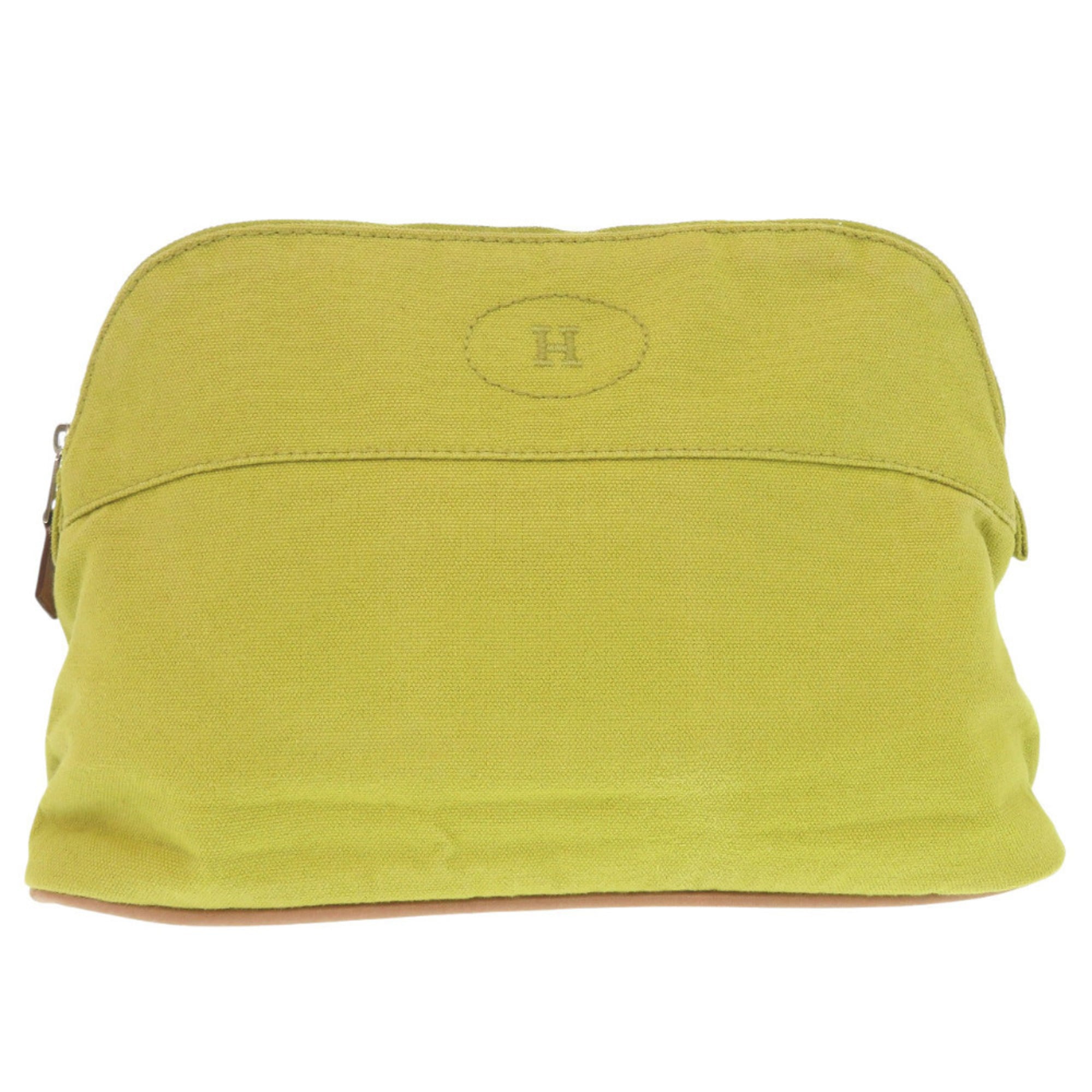 Hermes Light Green Yellow Cotton Canvas Leather Pouch (Pre-Owned)