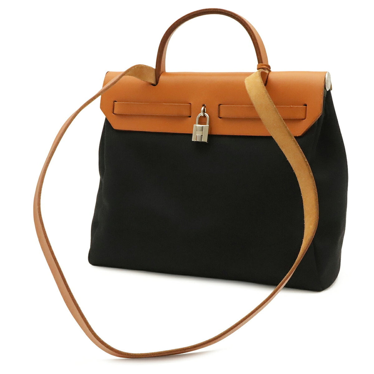 Hermes Her Bag Black Brown Light Brown Toile Officier Leather Handbag Shoulder Bag (Pre-Owned)