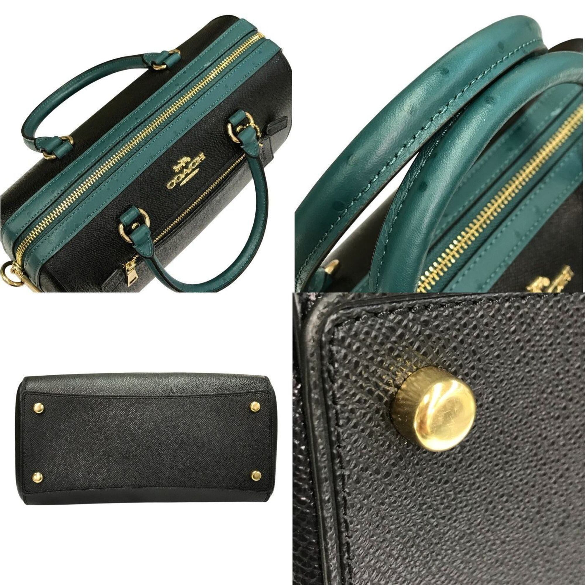 Coach Black Green Leather Boston Bag Handbag (Pre-Owned)